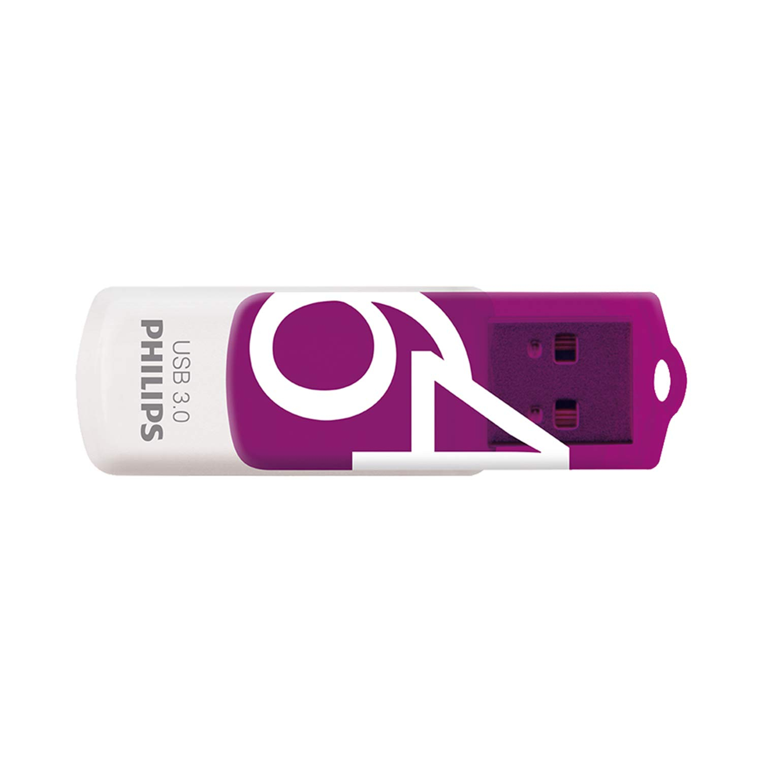 Weiß-violetter USB-Stick mit Philips-Logo.