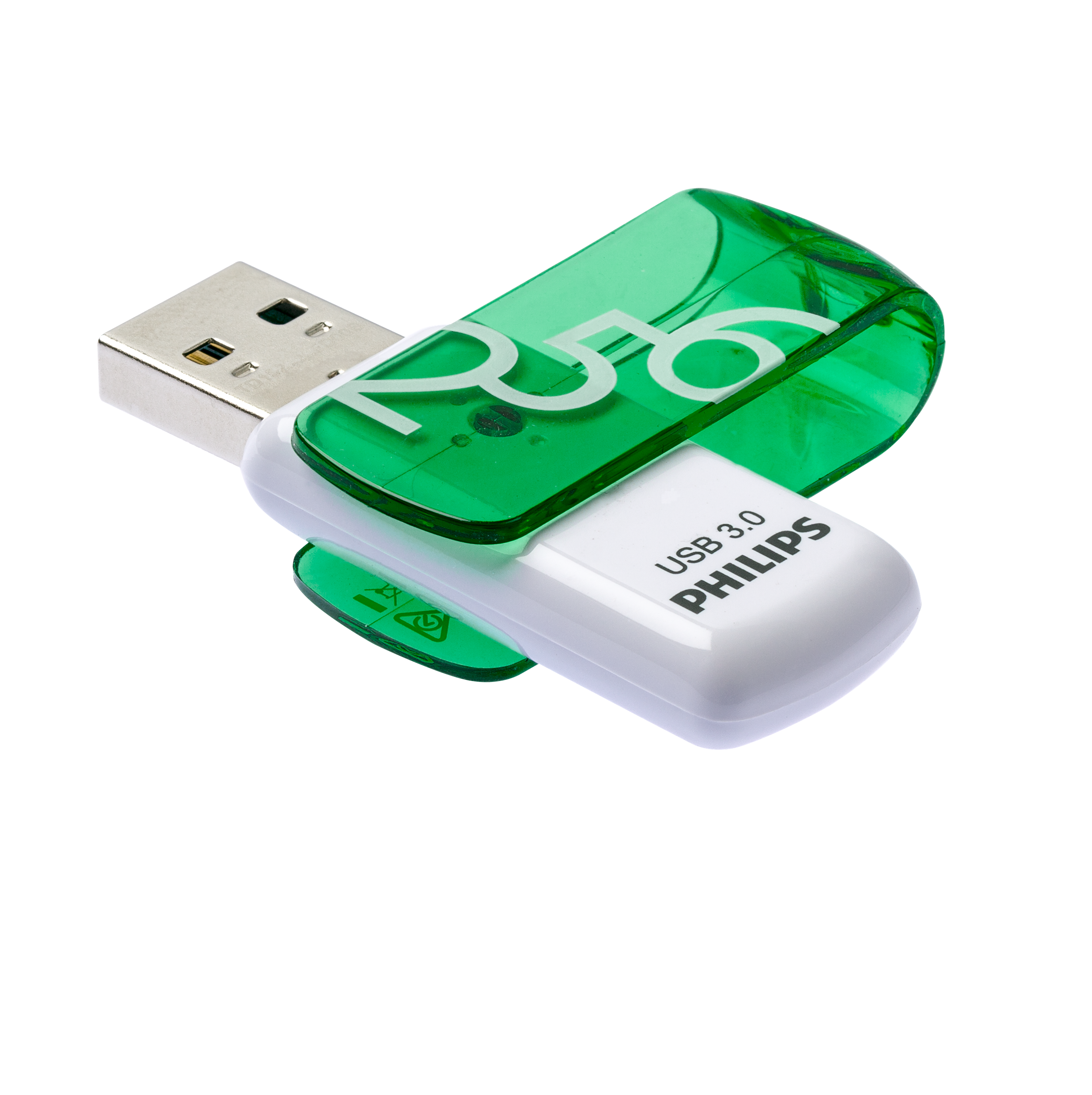 Pen drive USB. Corpo bianco con tappo verde. Legge '256' e 'USB 3.0 PHILIPS'.