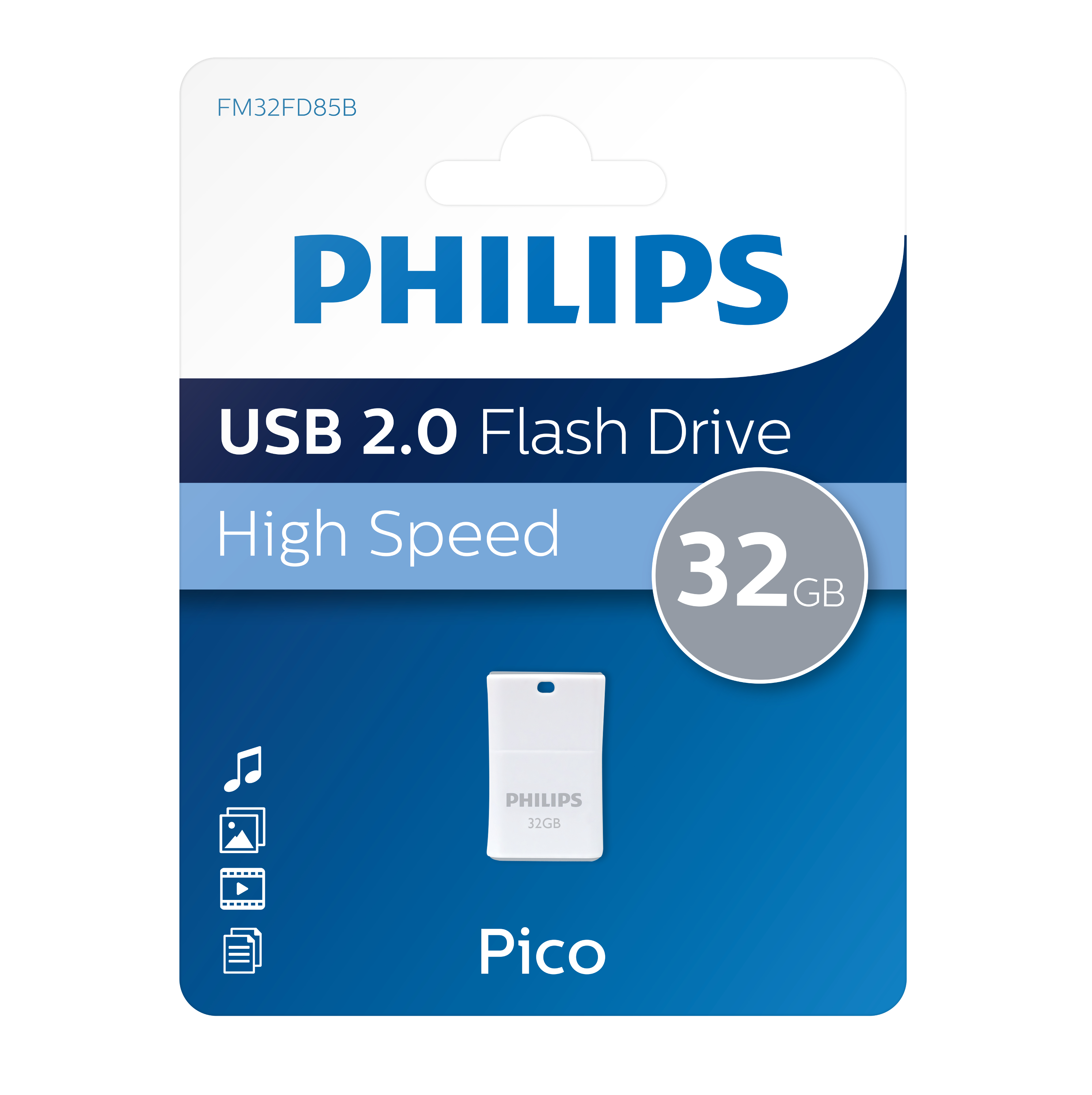 Opakowanie pendrive'a USB Philips. Zawiera dysk i tekst: USB 2.0 Flash Drive.