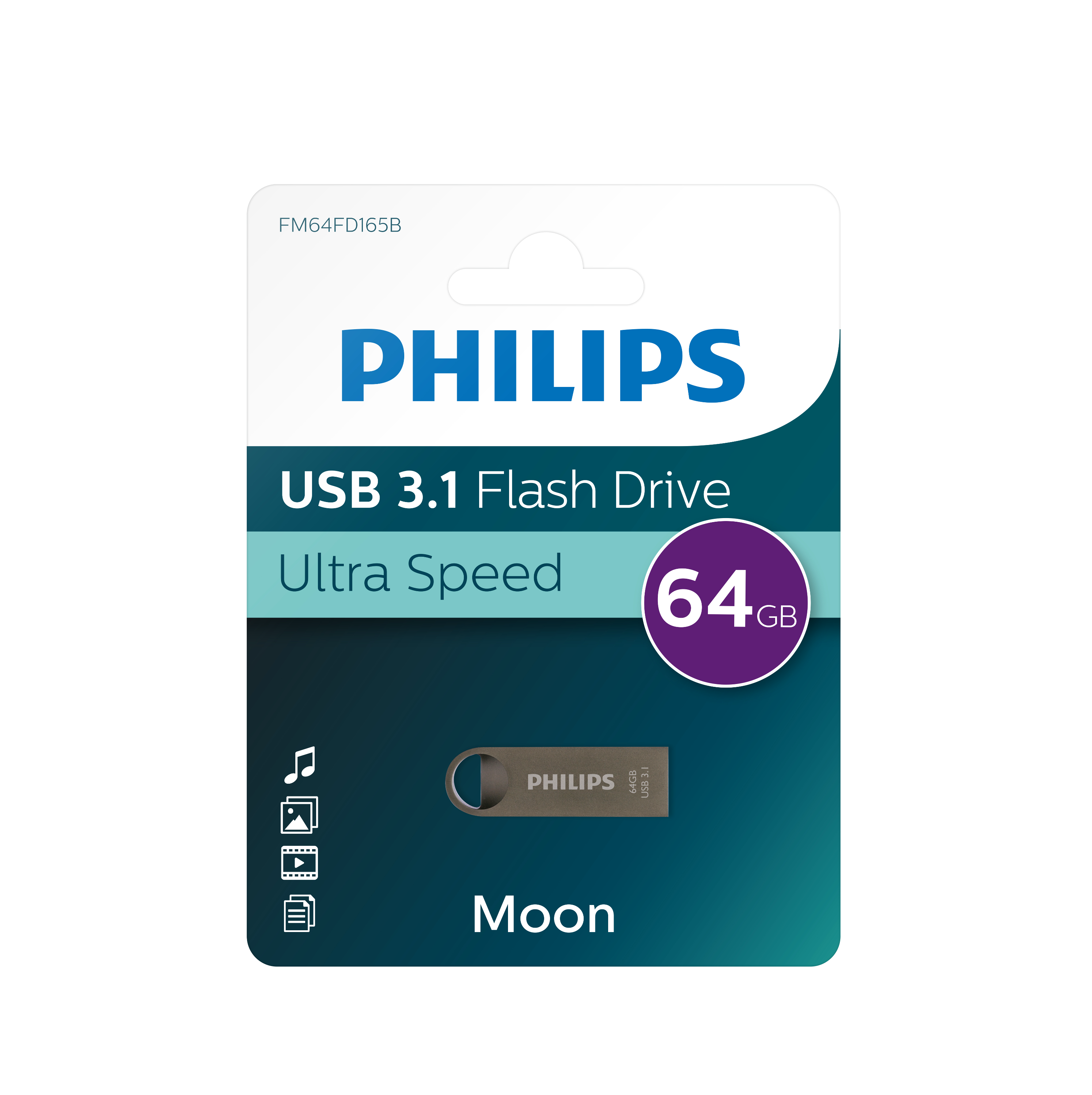 Chiavetta USB Philips nella confezione. Sfondo bianco.