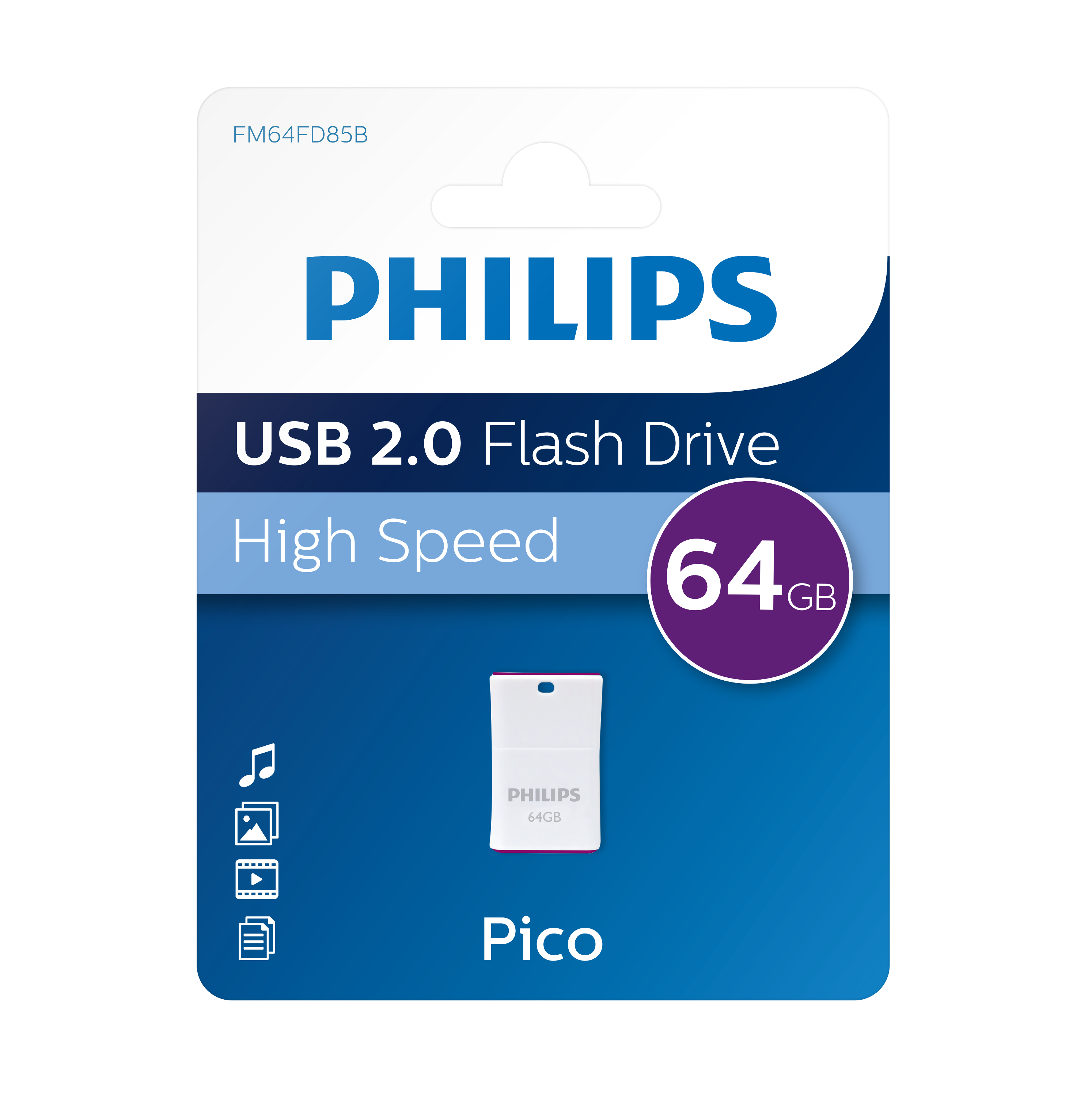 Pendrive USB 2.0 Philips w opakowaniu z fioletową odznaką 64 GB i informacjami o produkcie.