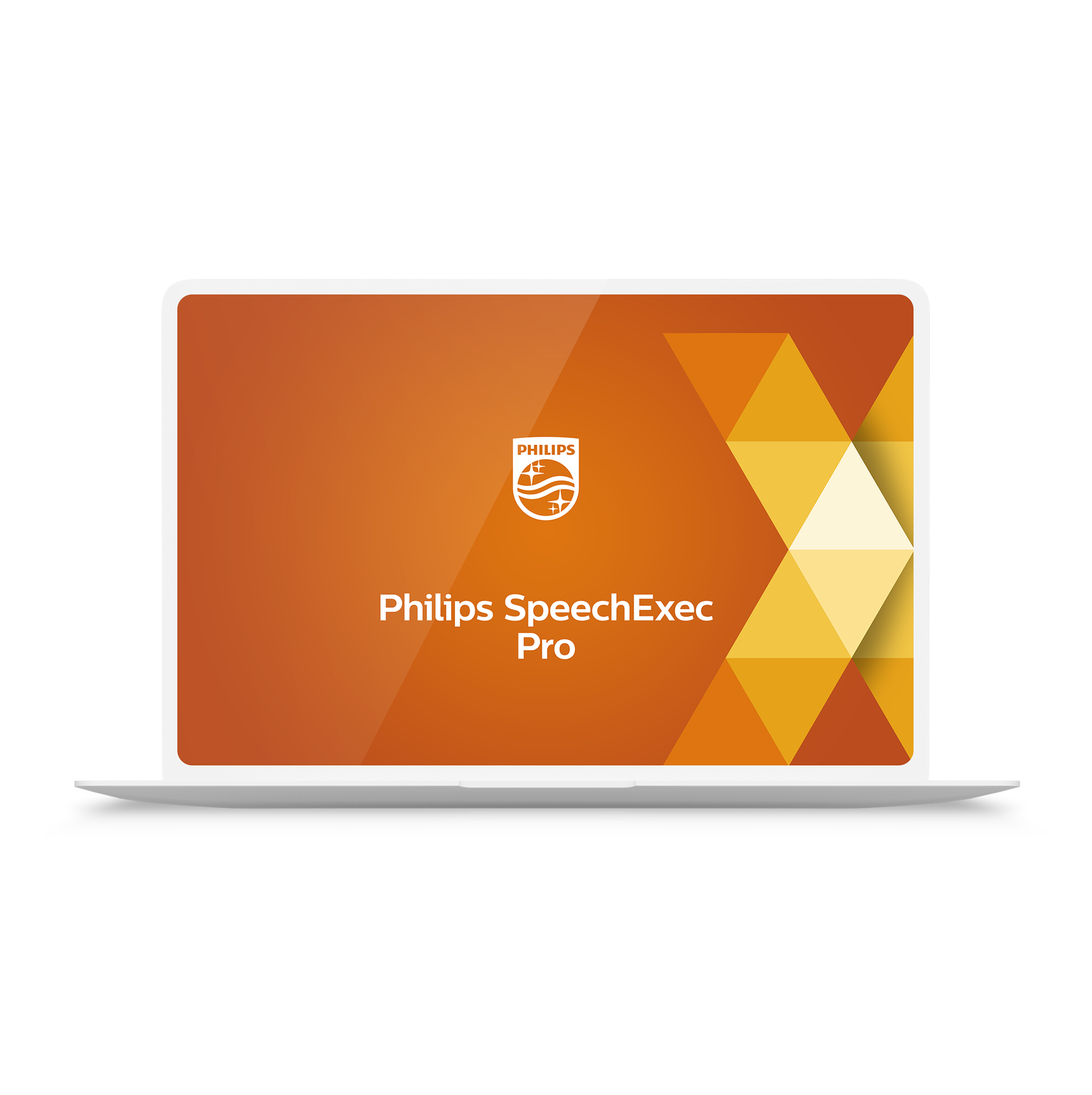 Ein Laptop-Bildschirm zeigt ein orange-gelbes abstraktes Design mit dem Philips SpeechExec Pro Logo.