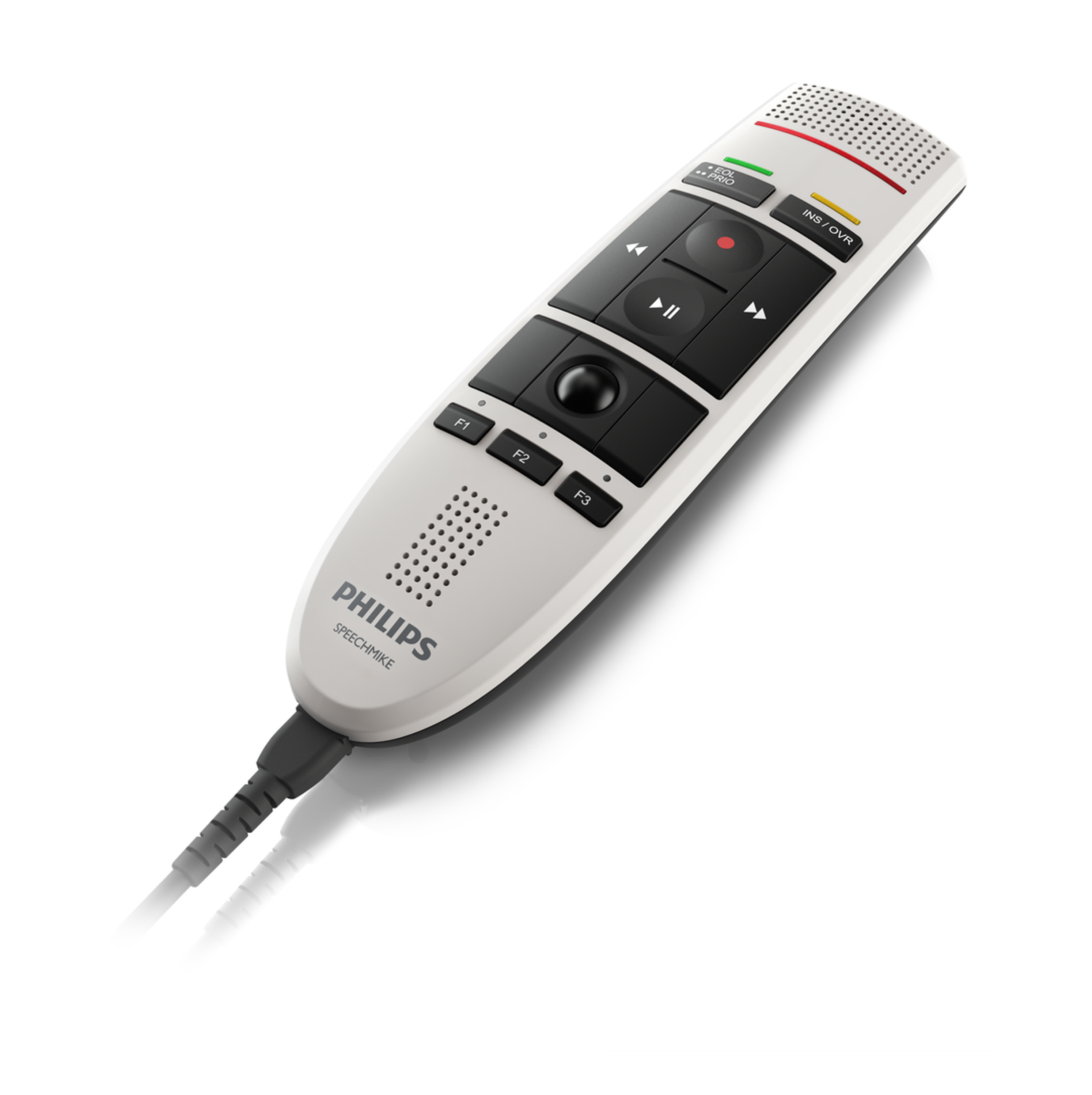 Ein weißes und schwarzes Philips SpeechMike, abgewinkelt. Hat Knöpfe und ein Kabel. Rote und grüne Lichter oben.