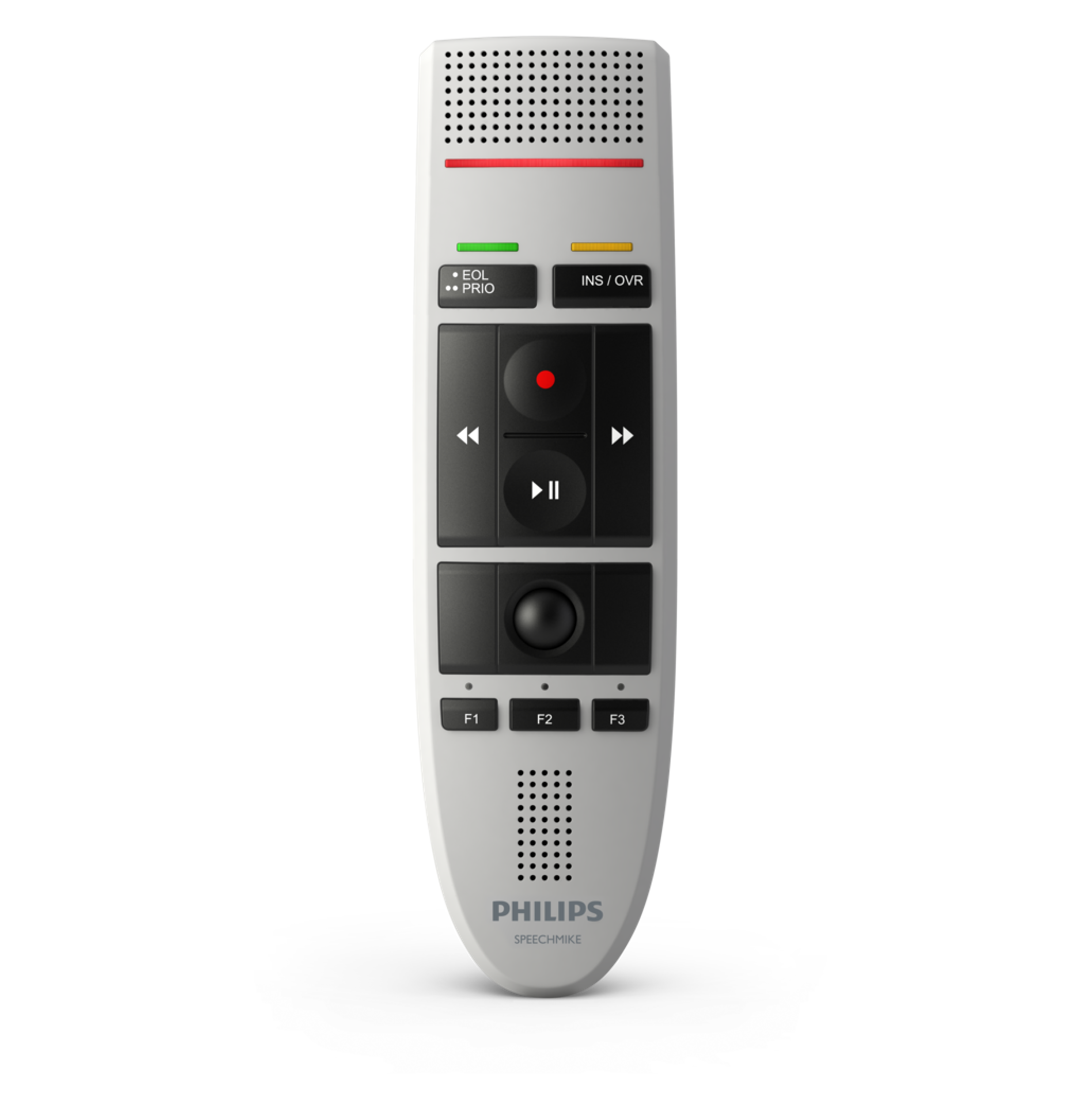 Ein weißes Philips SpeechMike Diktiergerät mit verschiedenen Tasten.