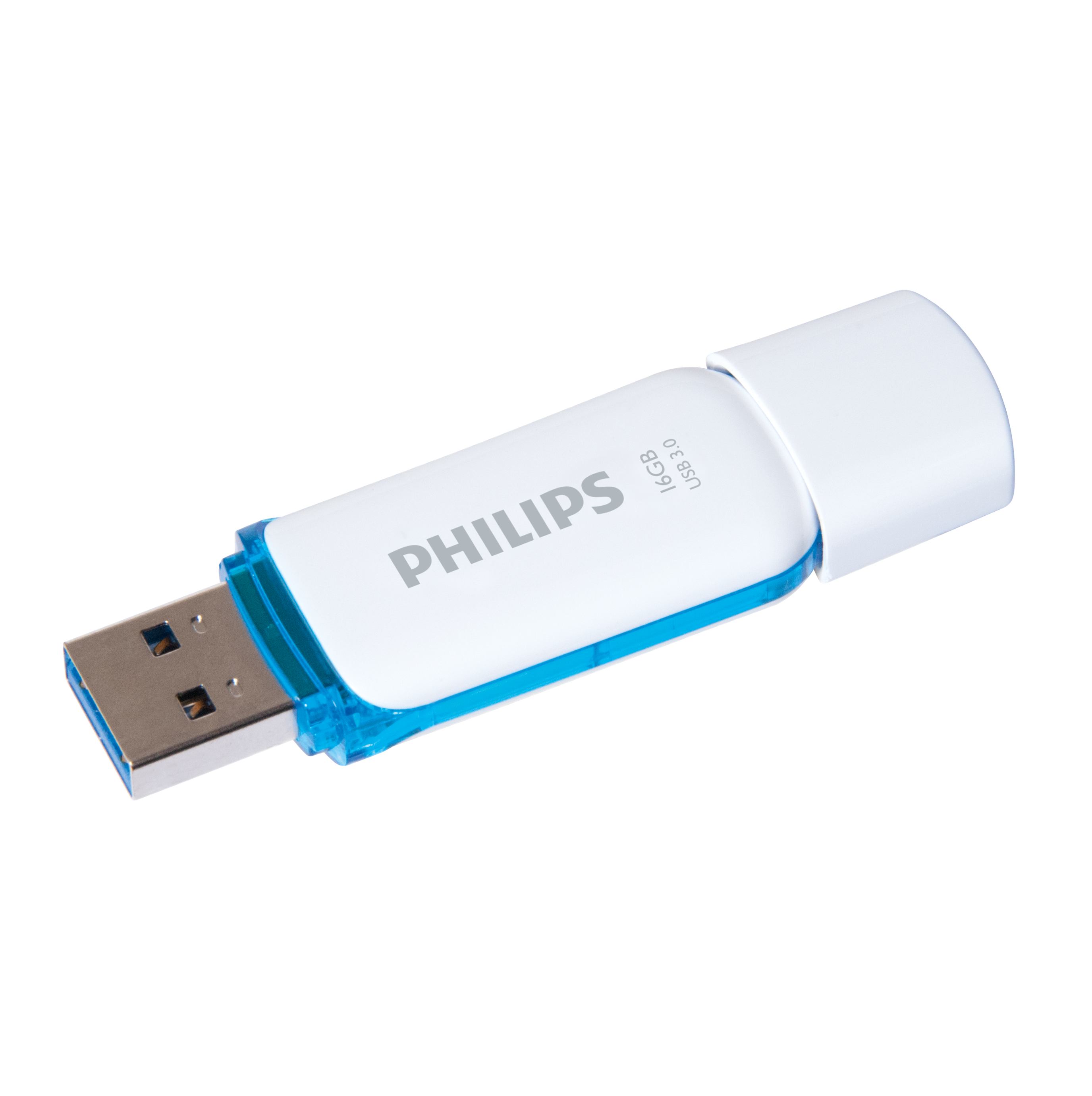Biało-niebieski pendrive. Z przodu widoczna marka 'PHILIPS' i pojemność '16GB'.
