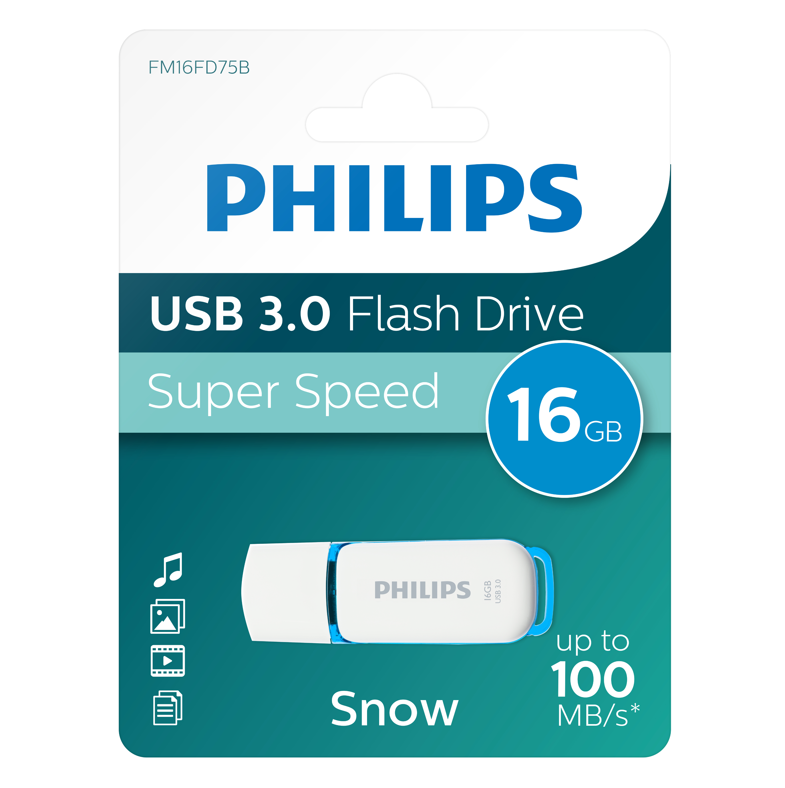 Pamięć flash USB 3.0 Philips, biało-niebieska, o pojemności 16 GB. Opakowanie jest biało-niebieskie.