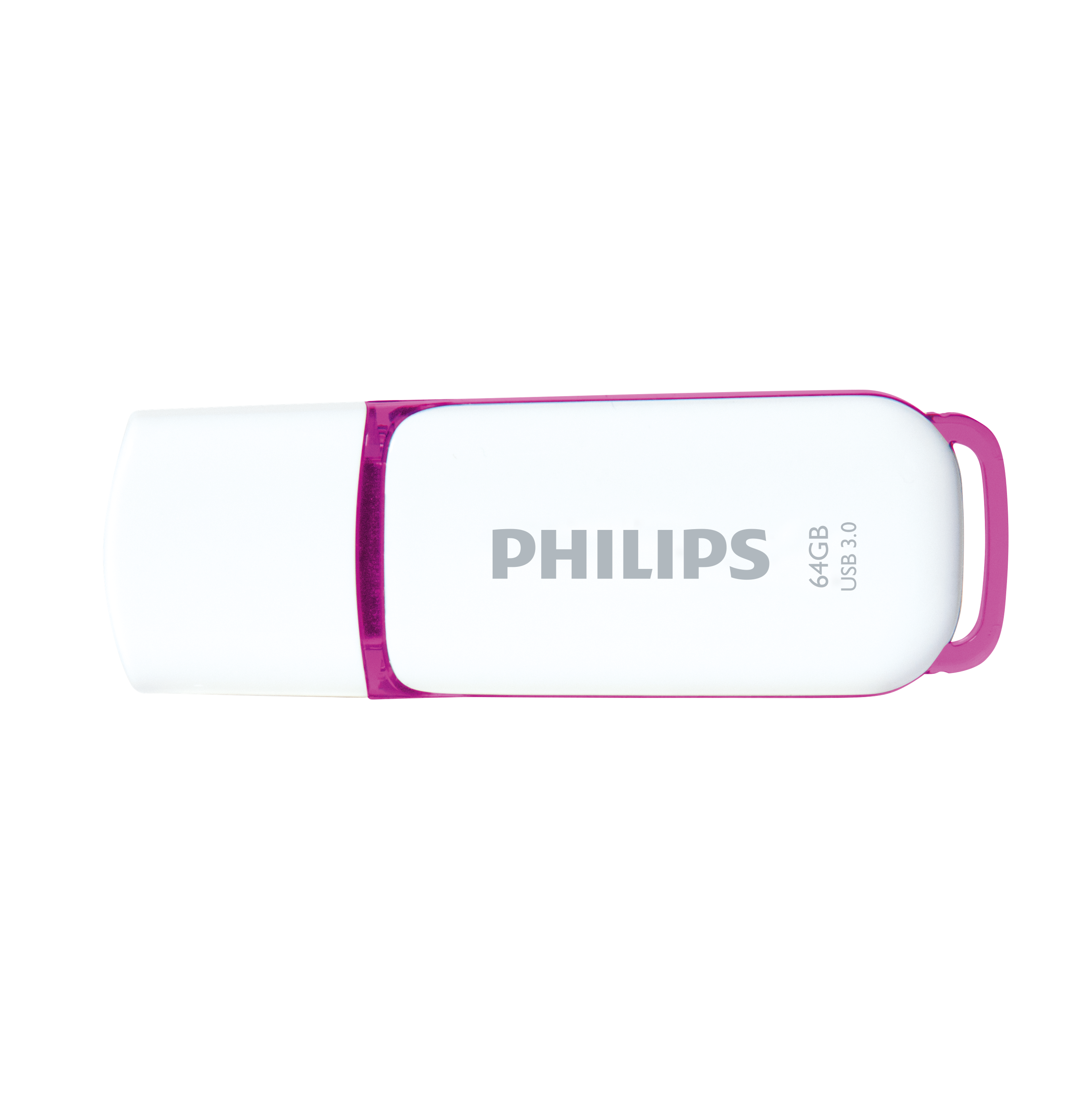 Weißer USB-Stick mit pinkfarbenem Akzent und dem Wort 'PHILIPS'. 64 GB USB 3.0.
