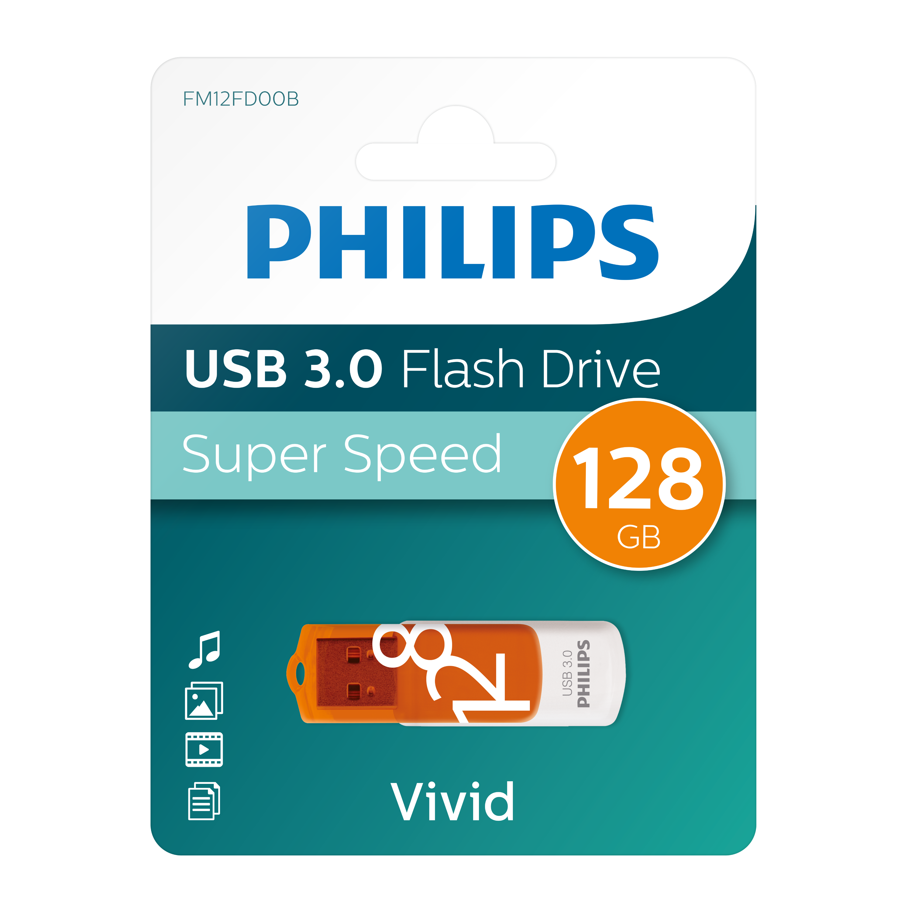 Pamięć flash USB 3.0 Philips w opakowaniu. Pomarańczowy napęd w niebiesko-białym opakowaniu.