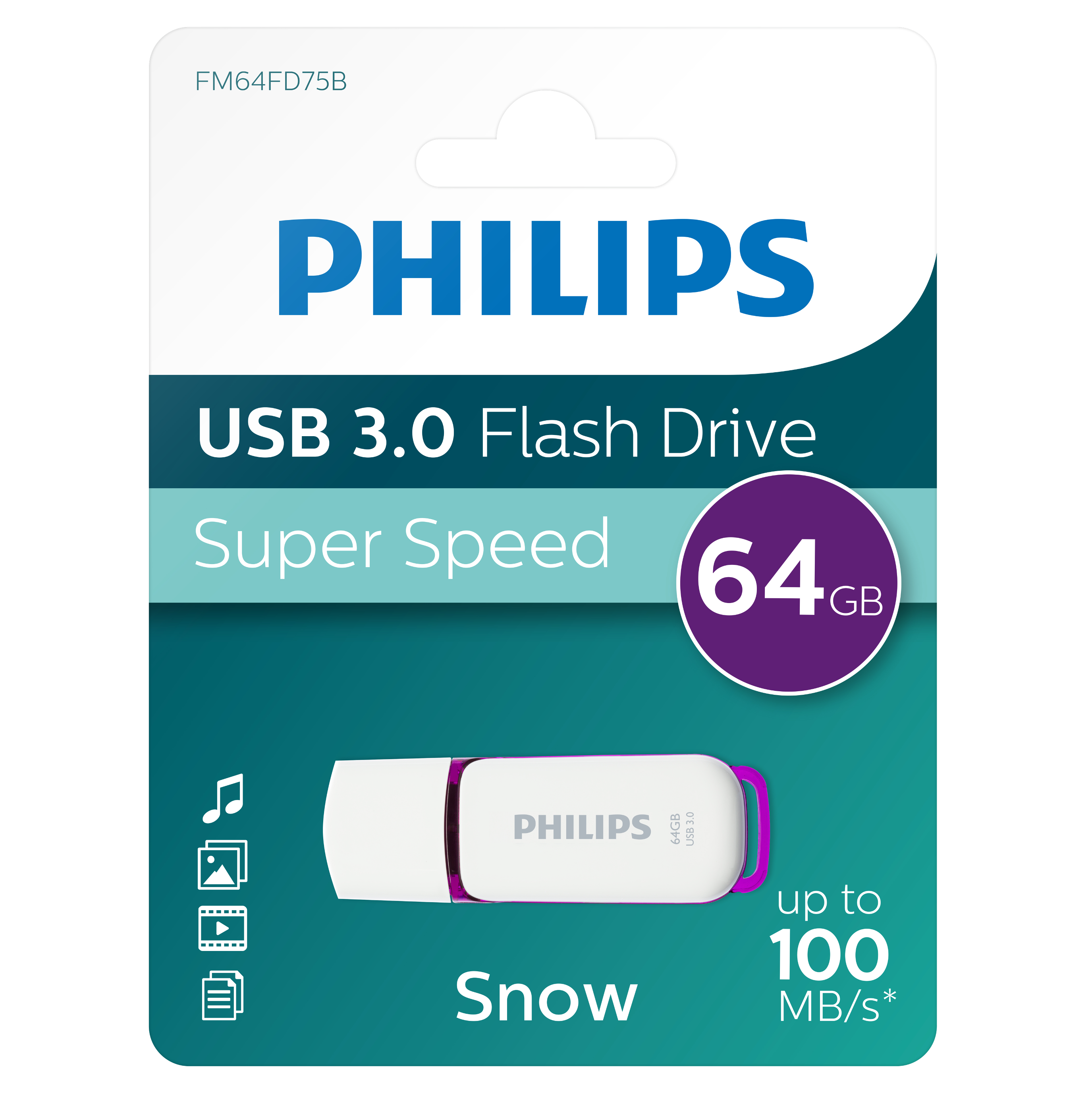 Ein Philips USB 3.0-Flash-Laufwerk in einer Verpackung mit einem 64GB-Etikett.