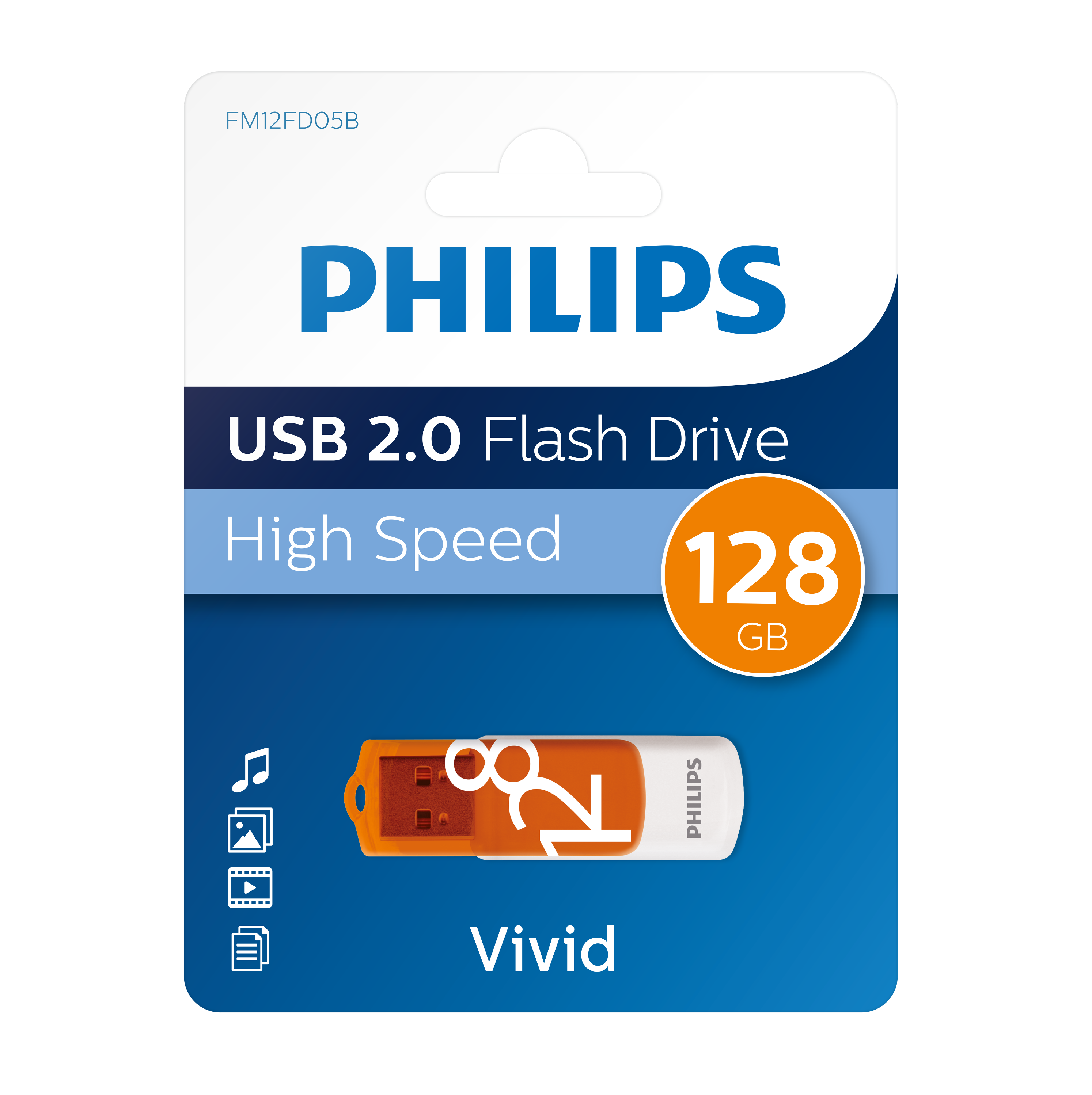 Dysk flash USB 2.0 Philips w opakowaniu, pomarańczowy i biały. Jest napisane 128GB i Vivid.
