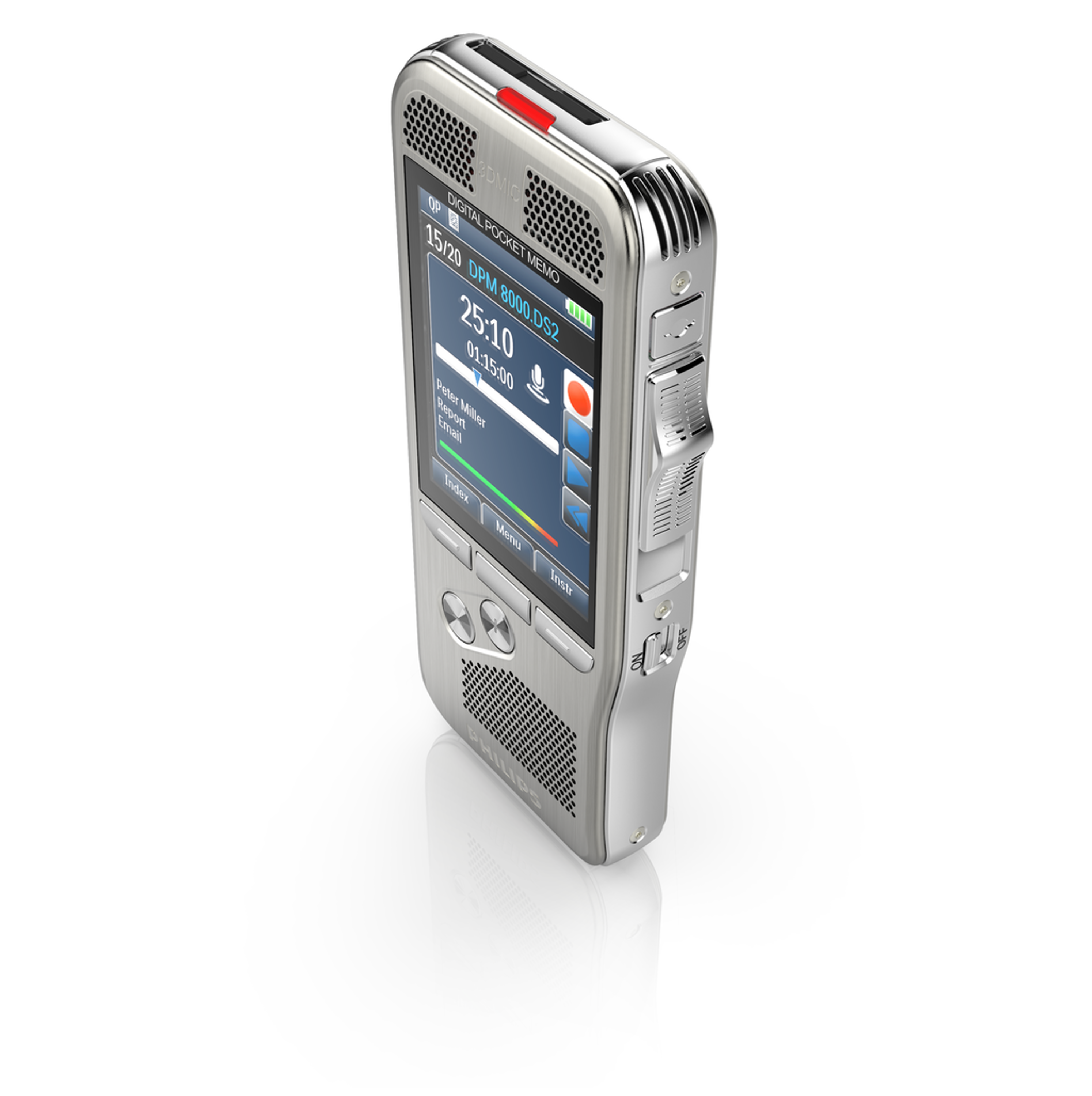 Srebrny cyfrowy dyktafon z czarnym ekranem. Wyświetla czas i opcje. Czerwone światło na górze.