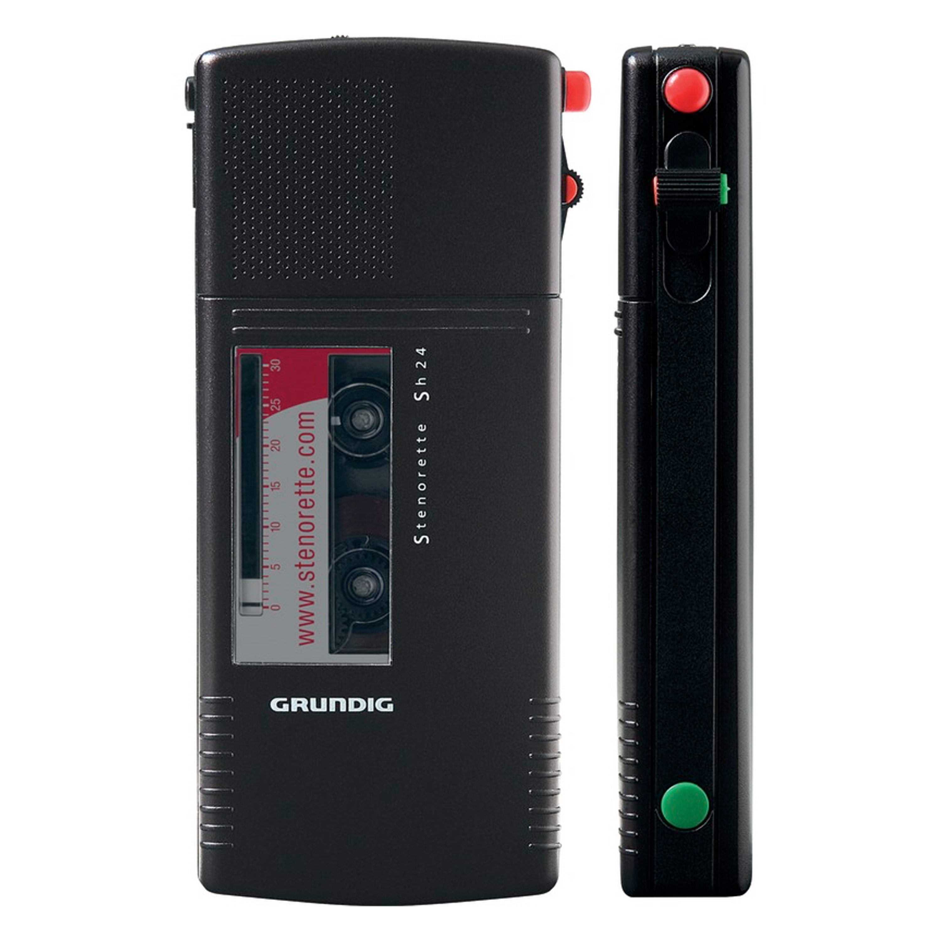 Schwarzes Grundig Stenorette Sh 24 Tonbandgerät, rote und grüne Knöpfe, daneben eine Seitenansicht.