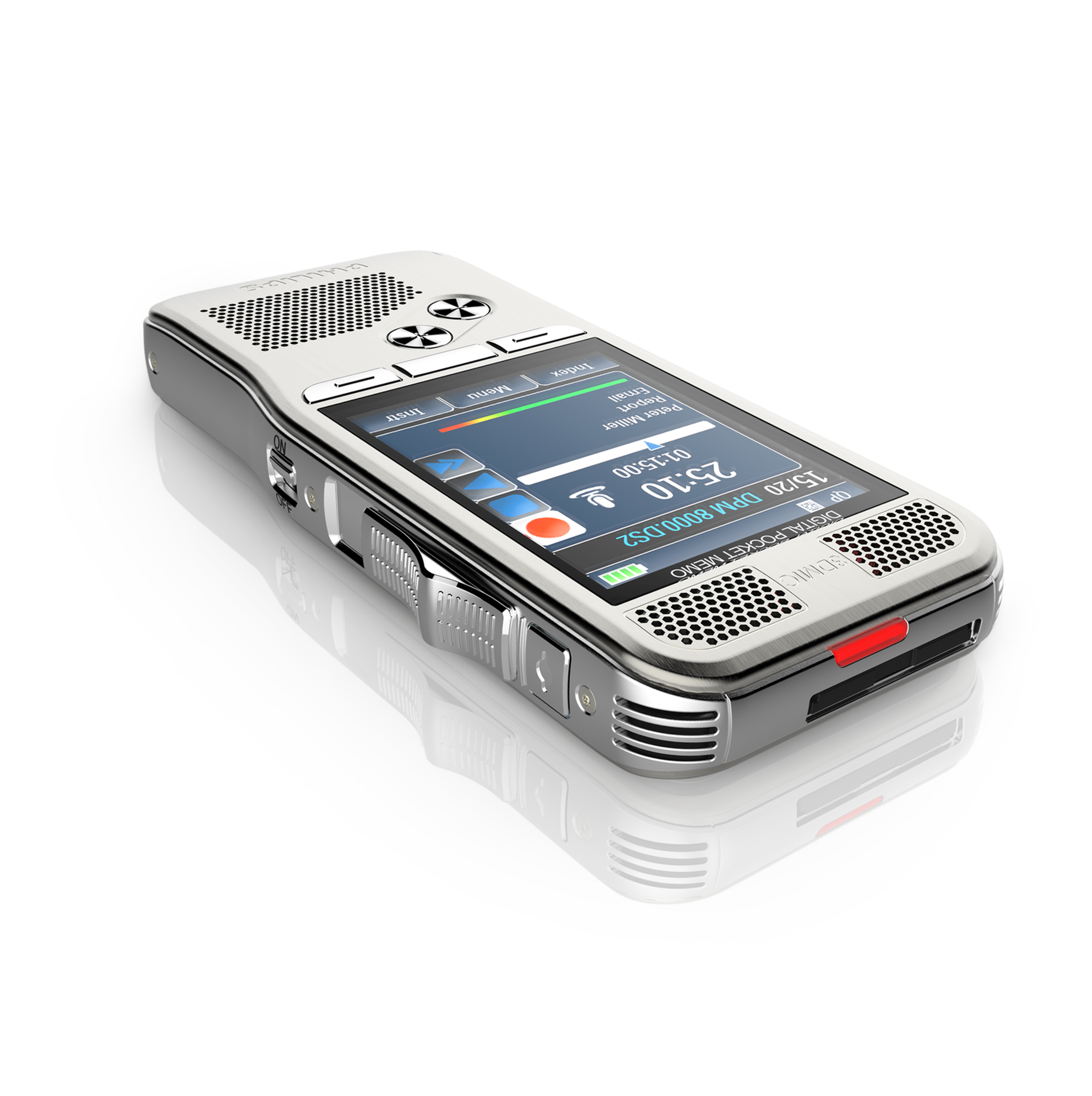 Srebrny cyfrowy dyktafon z ekranem i przyciskami, leżący na odblaskowej powierzchni.