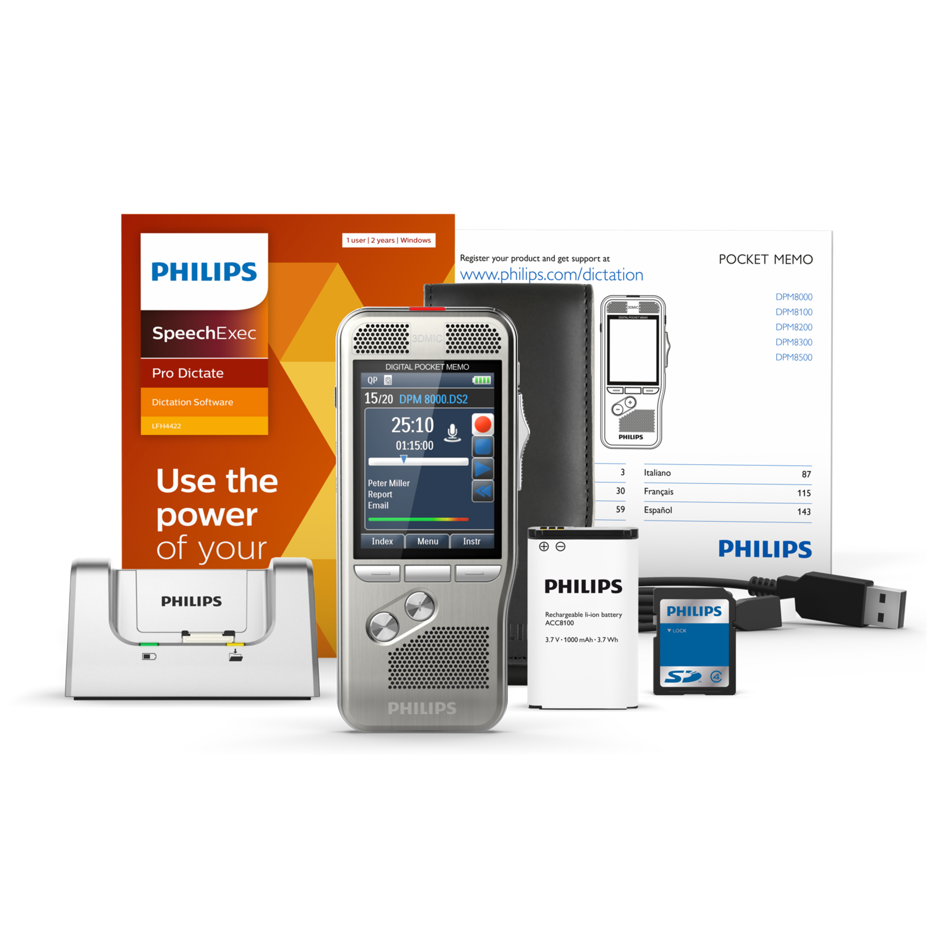 Zestaw dyktafonu Philips. Zawiera rejestrator, ładowarkę, oprogramowanie, baterię i USB.