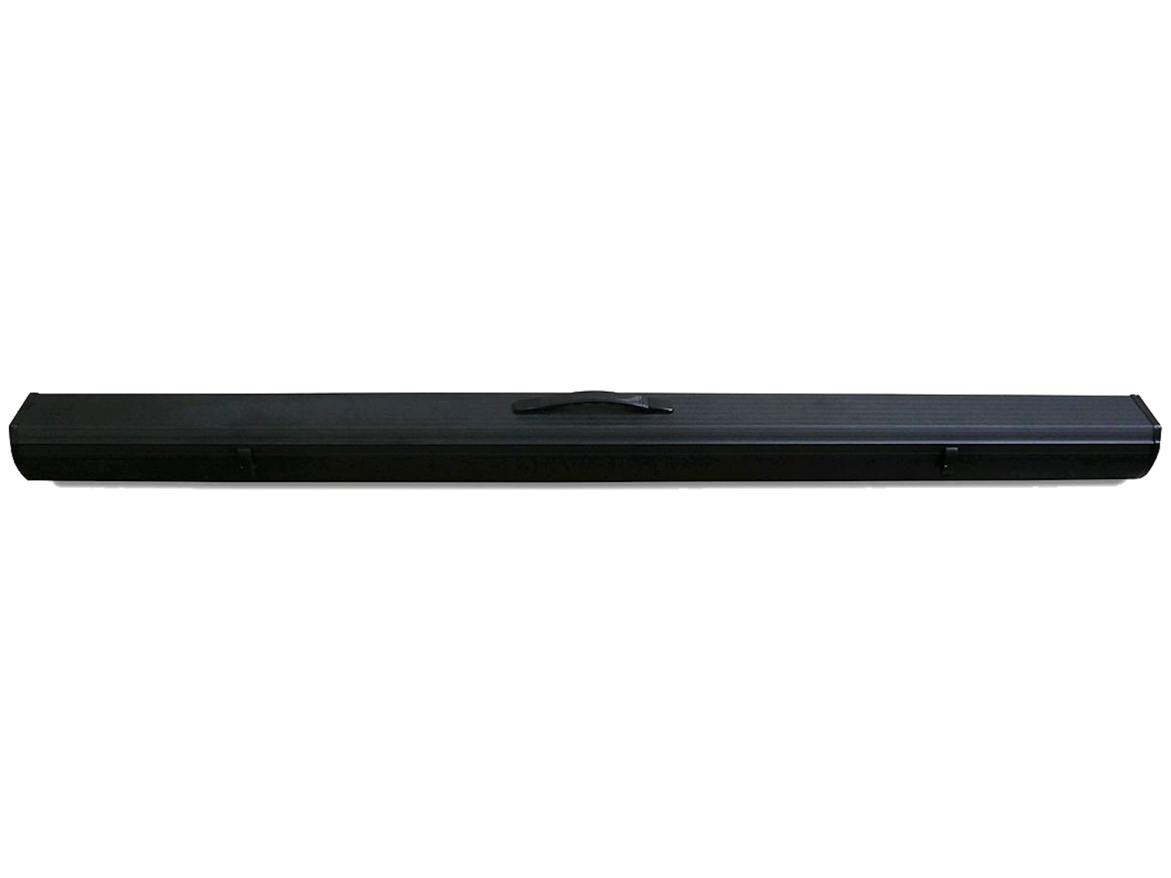 Black, cylindrical carrying case with a handle. The background is completely black.