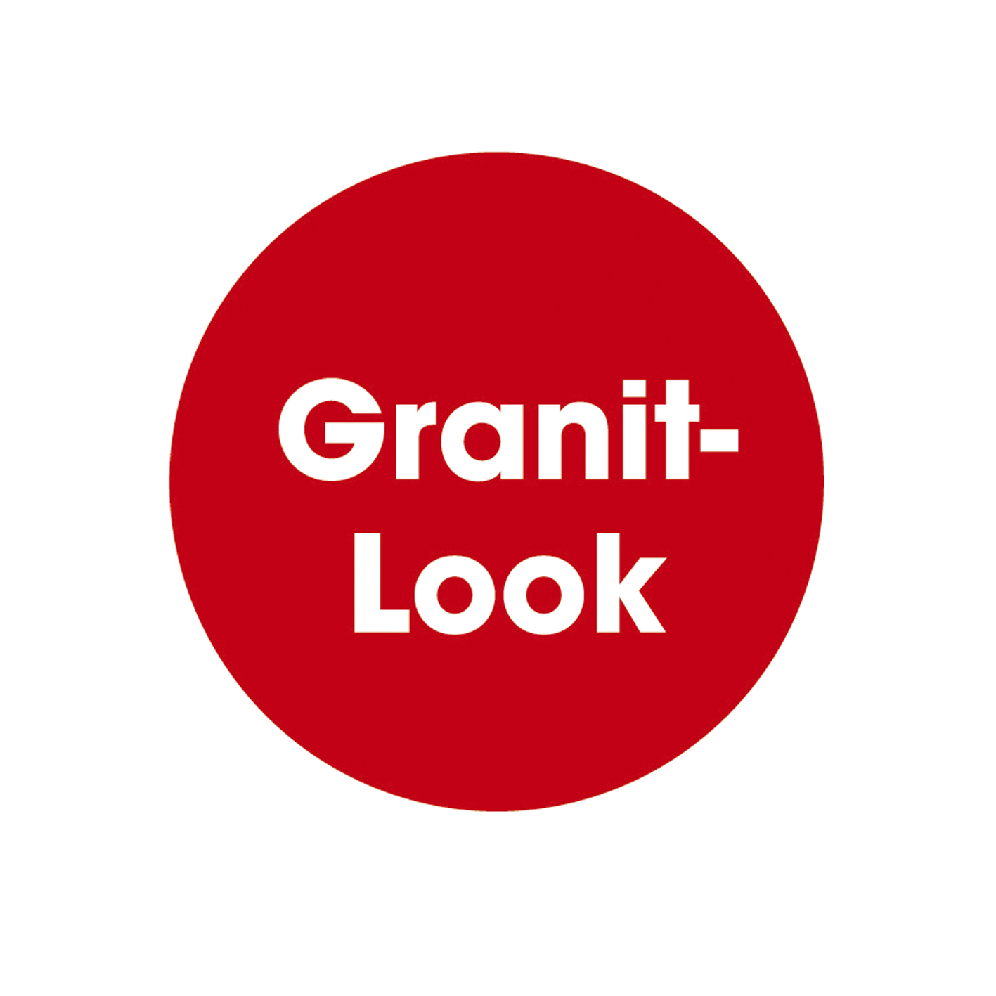 Roter Kreis mit weißem Text 'Granit-Look' zentriert auf weißem Hintergrund.