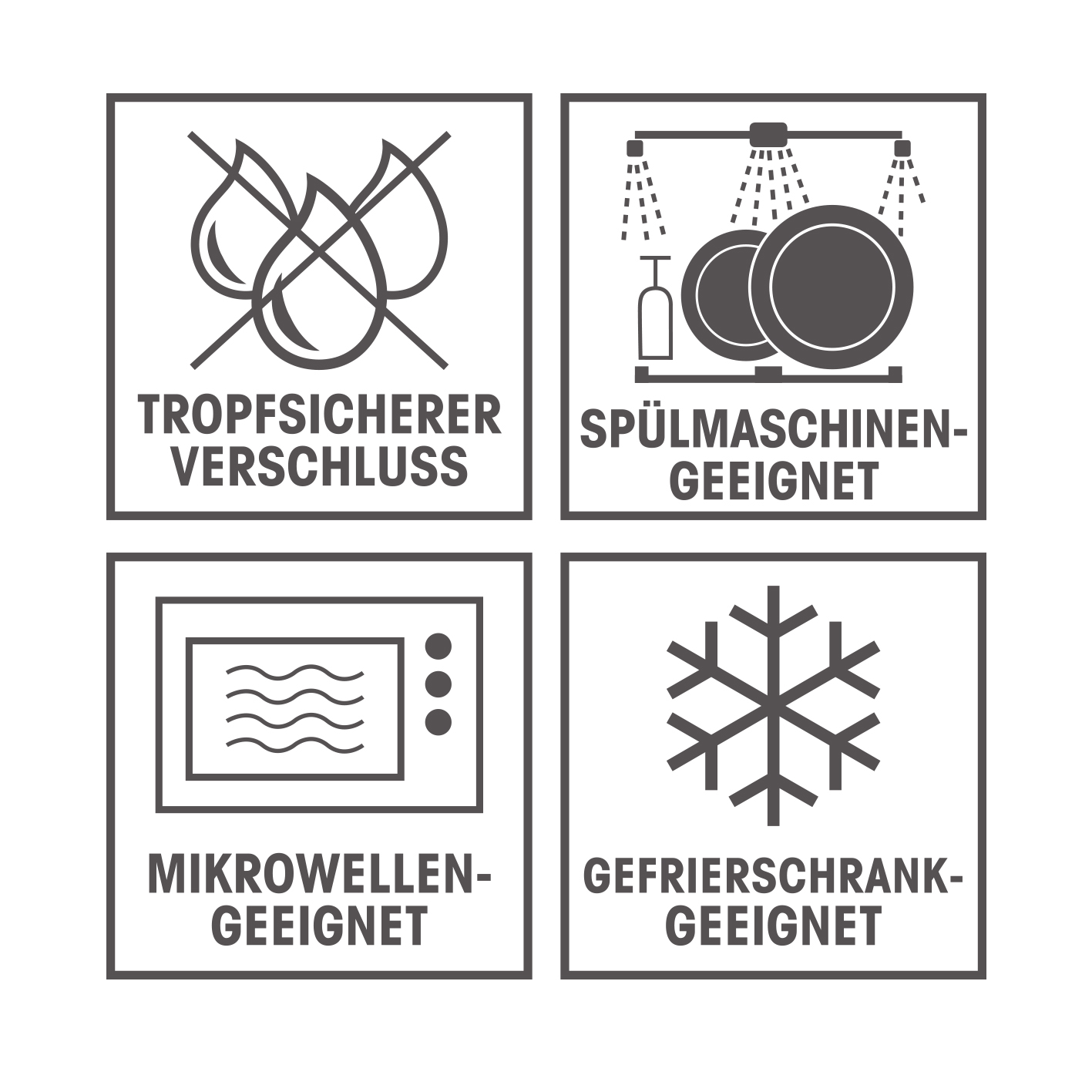 Vier Symbole: tropfsicher, spülmaschinenfest, mikrowellengeeignet und gefriergeeignet.