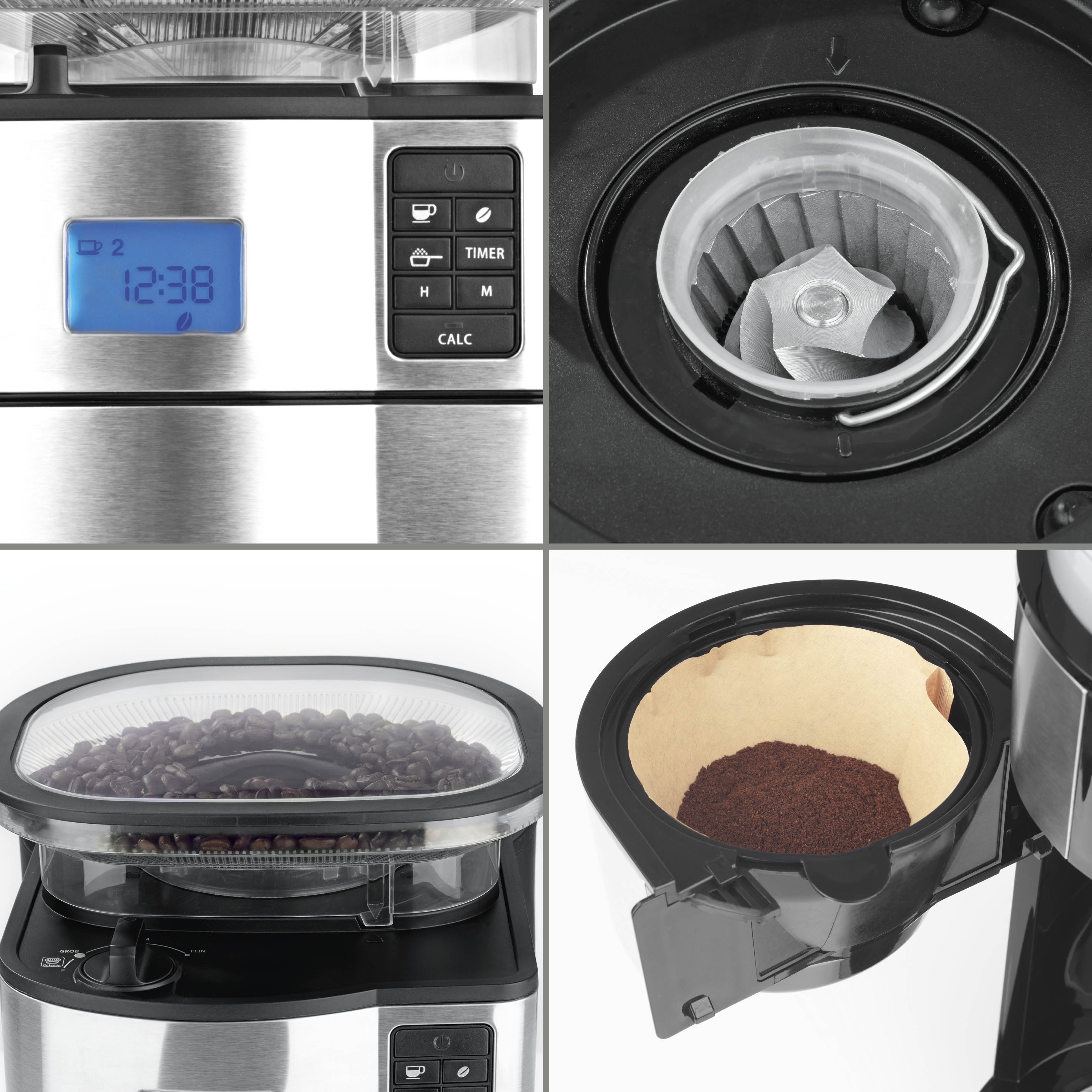 Primo piano di una macchina da caffè: un display digitale, un macinacaffè e caffè macinato in un filtro.