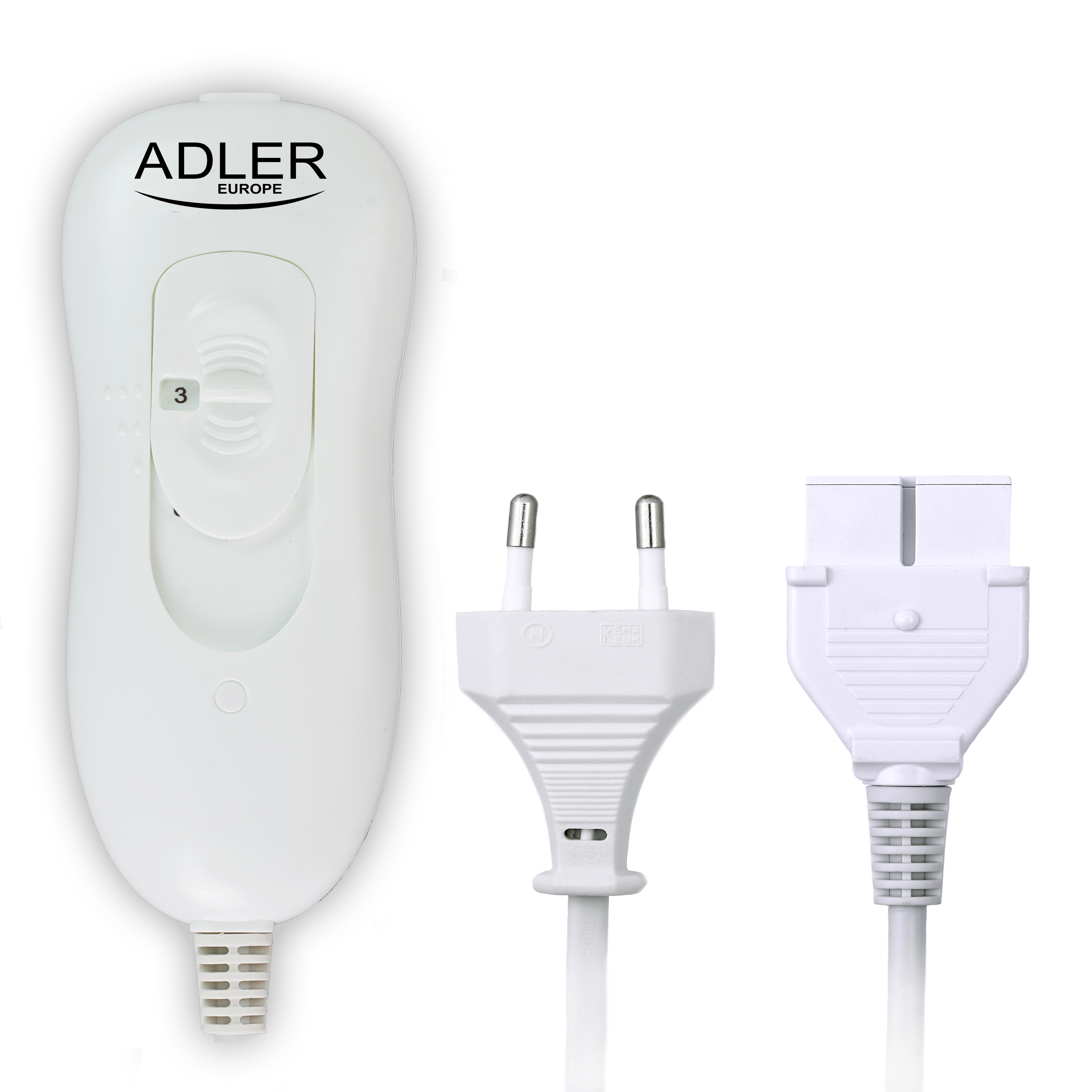 Białe sterowanie z wtyczką i kablem elektrycznym, z logo Adler Europe.
