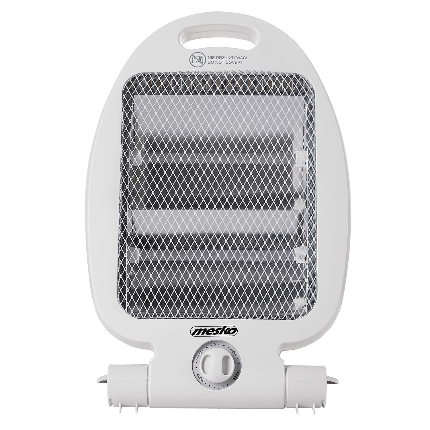 Biały grzejnik elektryczny z kratką ochronną. Ma uchwyt i dwa pokrętła sterujące.