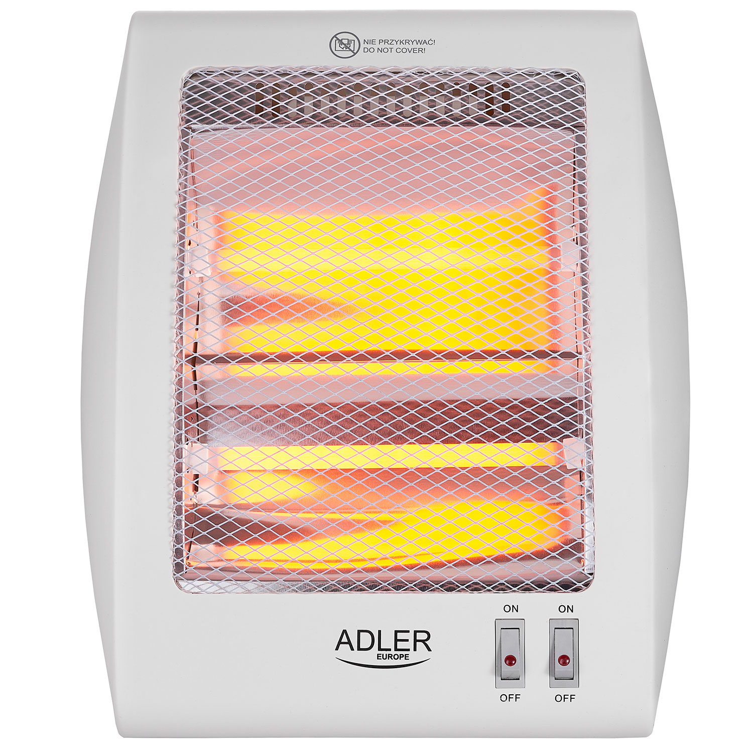 Calentador eléctrico blanco con rejilla frontal, interruptores de encendido/apagado y etiquetas de advertencia.