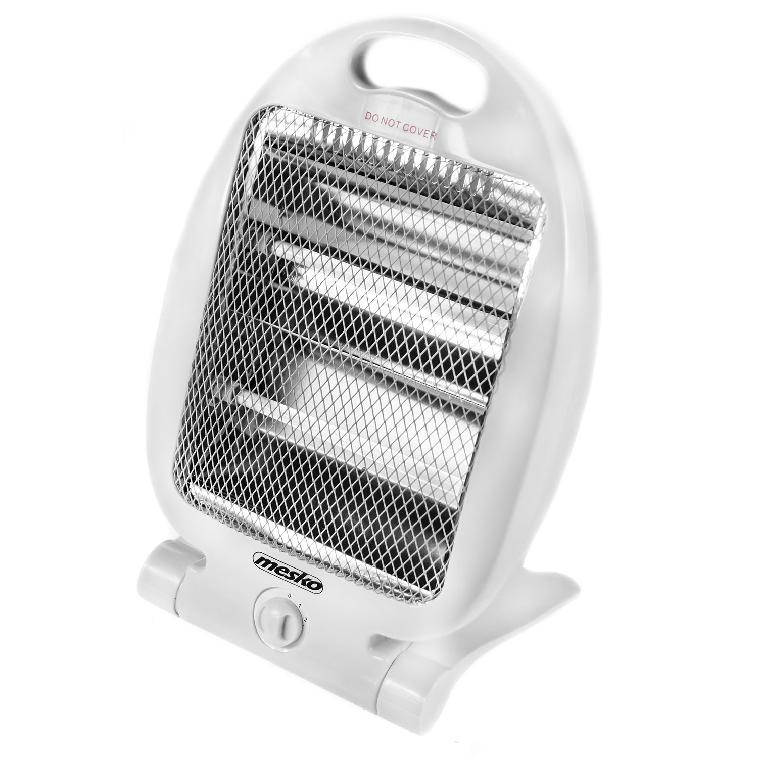 Biały grzejnik elektryczny z osłoną z siatki. Ma pokrętło i etykietę ostrzegawczą. Białe tło.