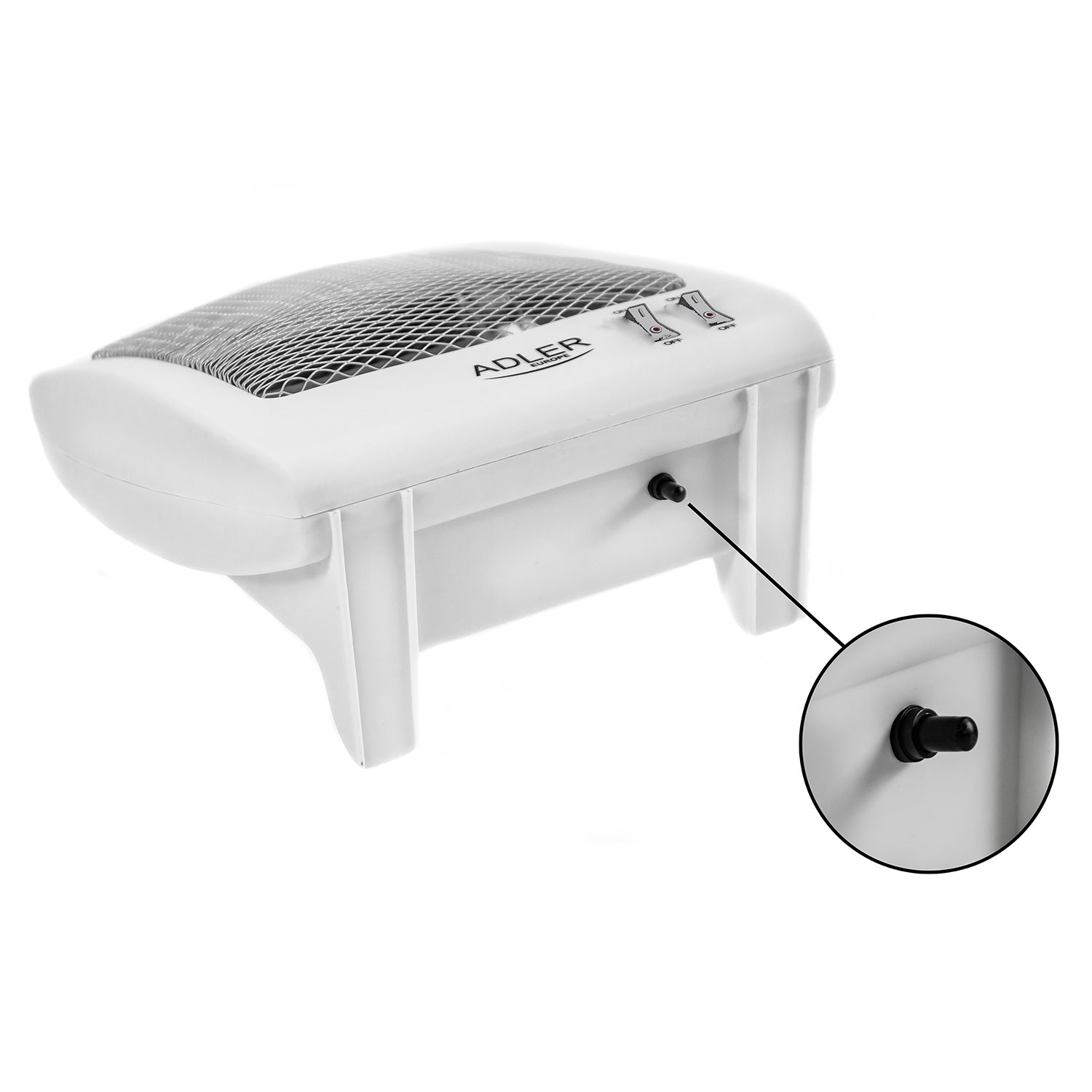 Un colector de polvo de uñas blanco con un pequeño botón negro, con un primer plano del botón en un círculo.