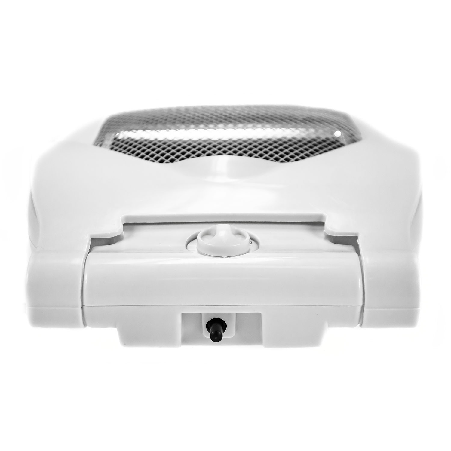 Białe urządzenie z otworami wentylacyjnymi. Białe tło.