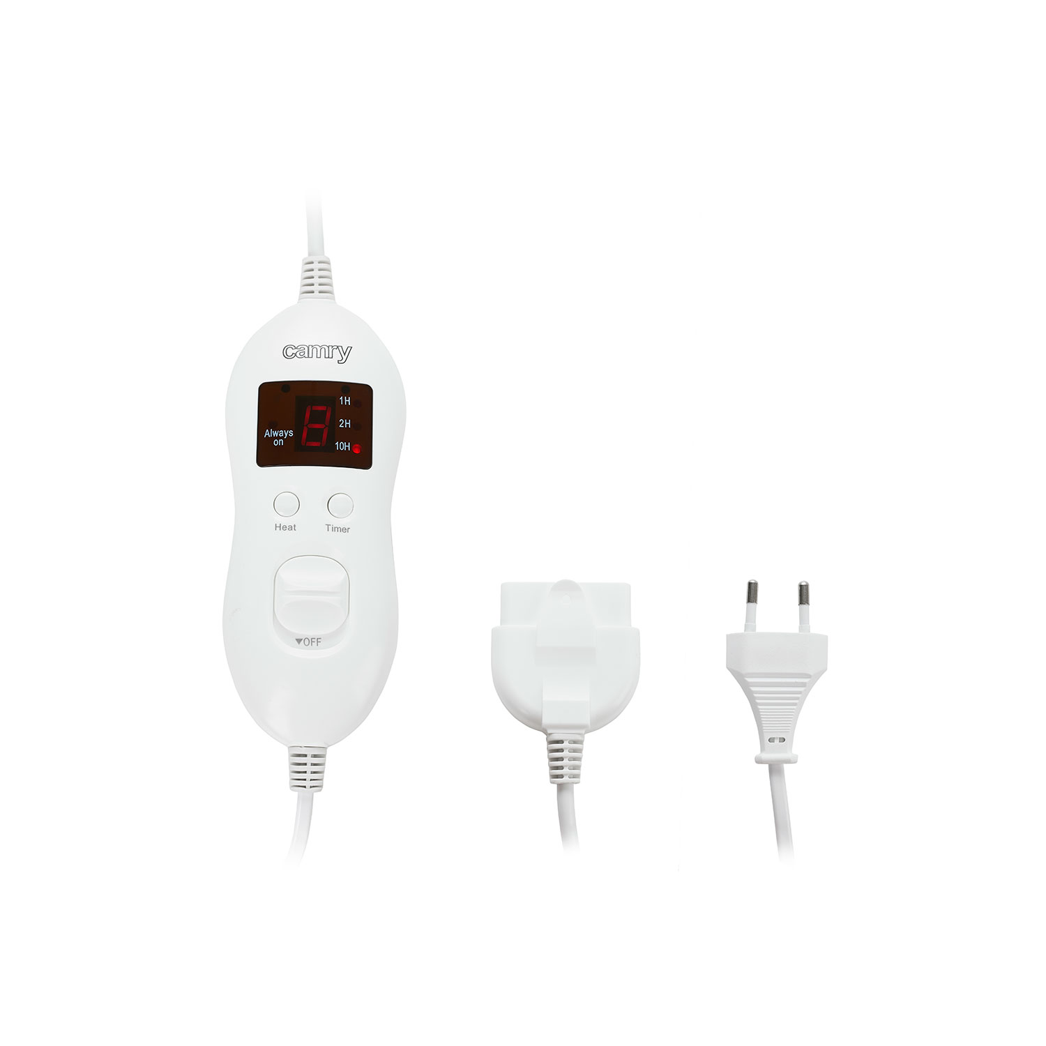 Weißer Heizdecken-Controller mit Anzeige, Heiz- und Timer-Einstellungen. Mit Netzstecker und Adapter.