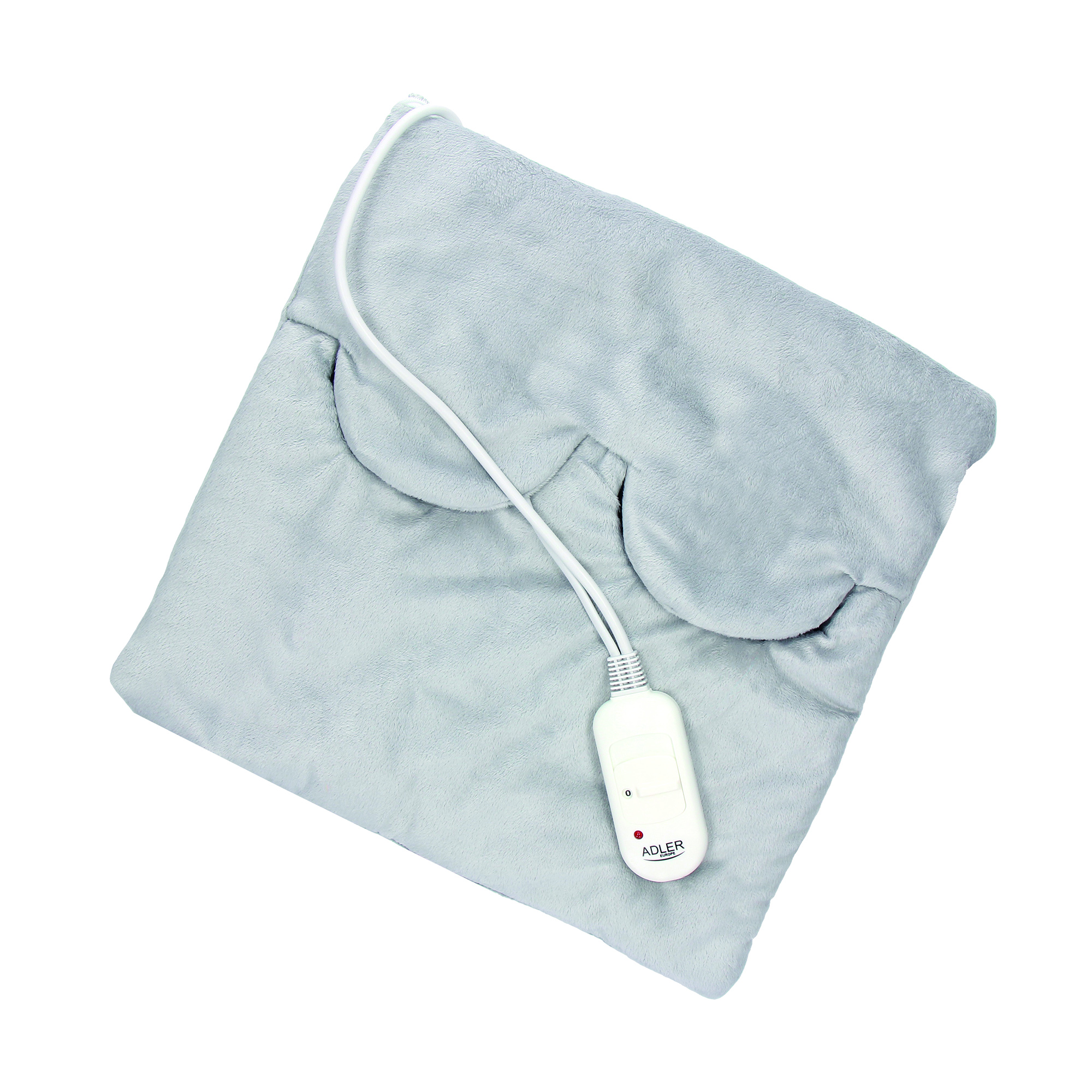 Una almohadilla térmica gris con un controlador blanco adjunto, aislada sobre fondo blanco.