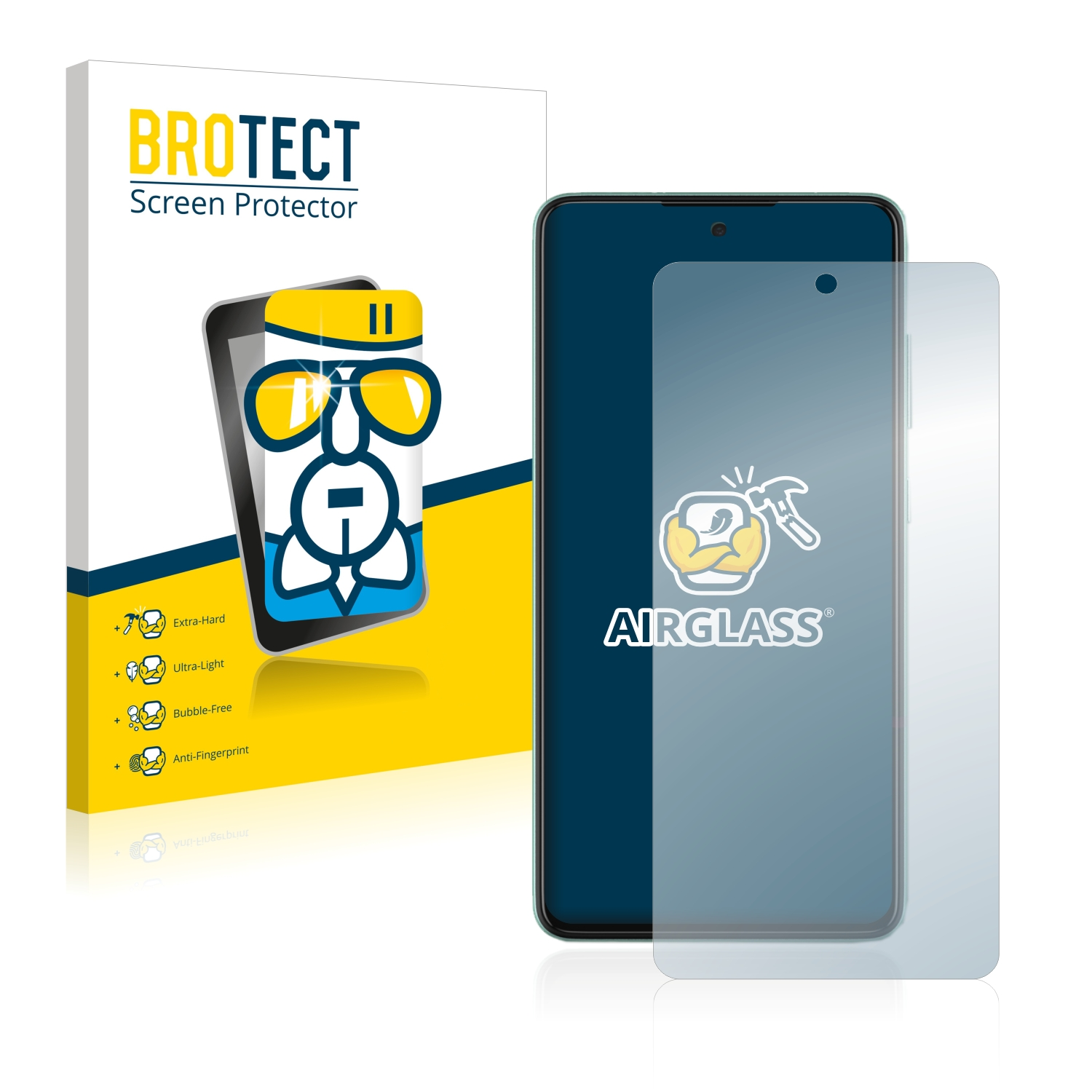 Smartphone mit Displayschutz. Box mit BROTECT-Logo im Hintergrund. Anti-Fingerprint, ultraleicht.