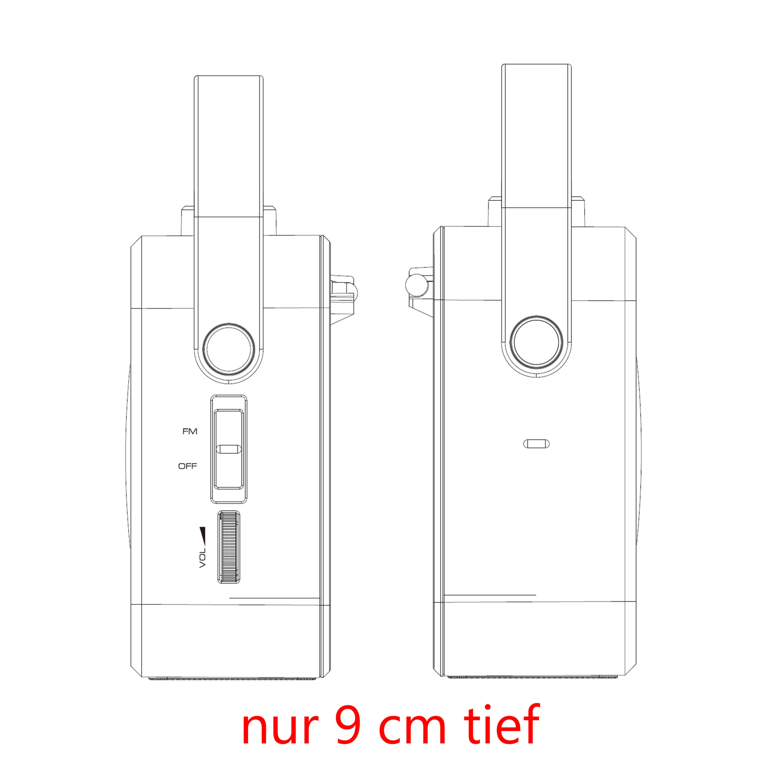 Zwei weiße Strichzeichnungen eines kleinen Radios nebeneinander mit Bedienelementen. Text: 'nur 9 cm tief'.
