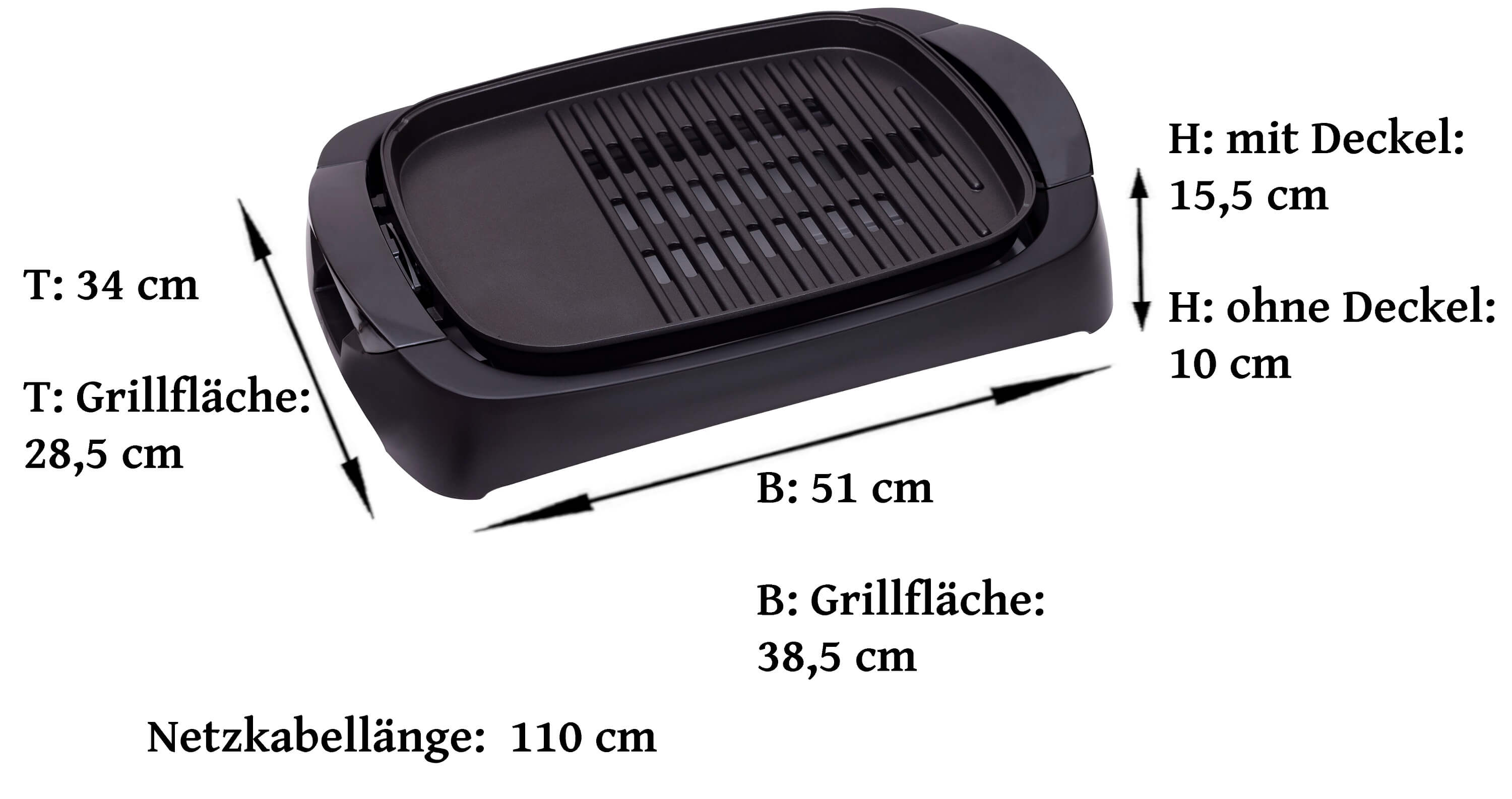 Czarny grill elektryczny z wymiarami. Pokazuje grill i płaską powierzchnię.