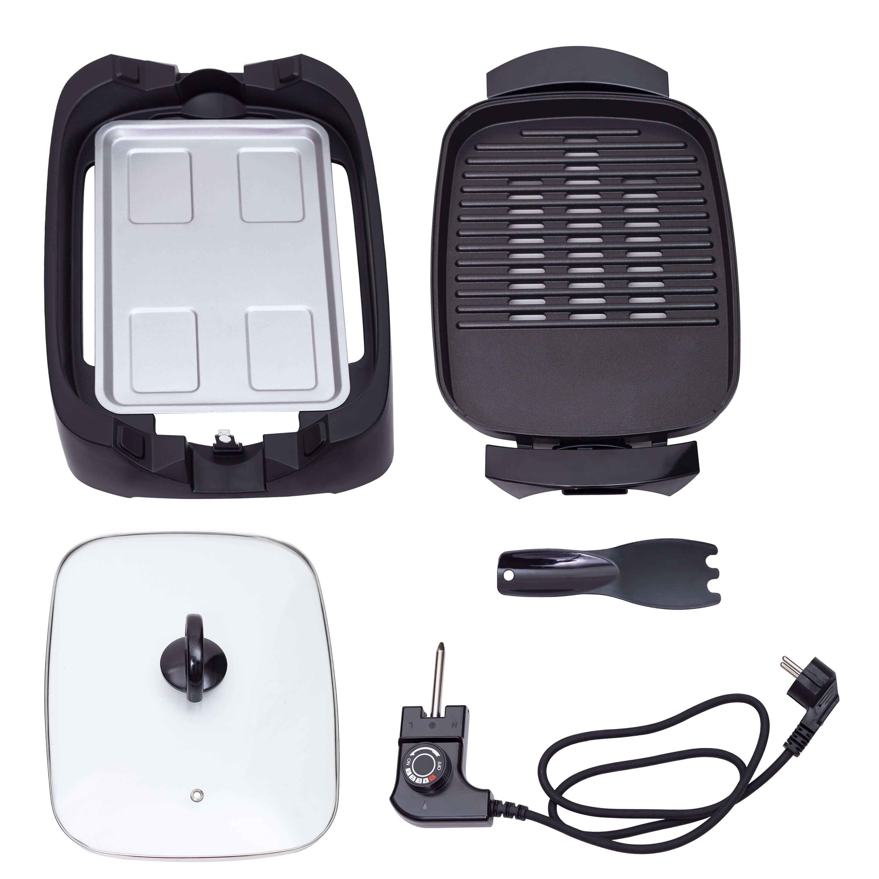 Czarne części grilla elektrycznego: podstawa, grill, pokrywa, szpatułka i regulacja temperatury. Białe tło.