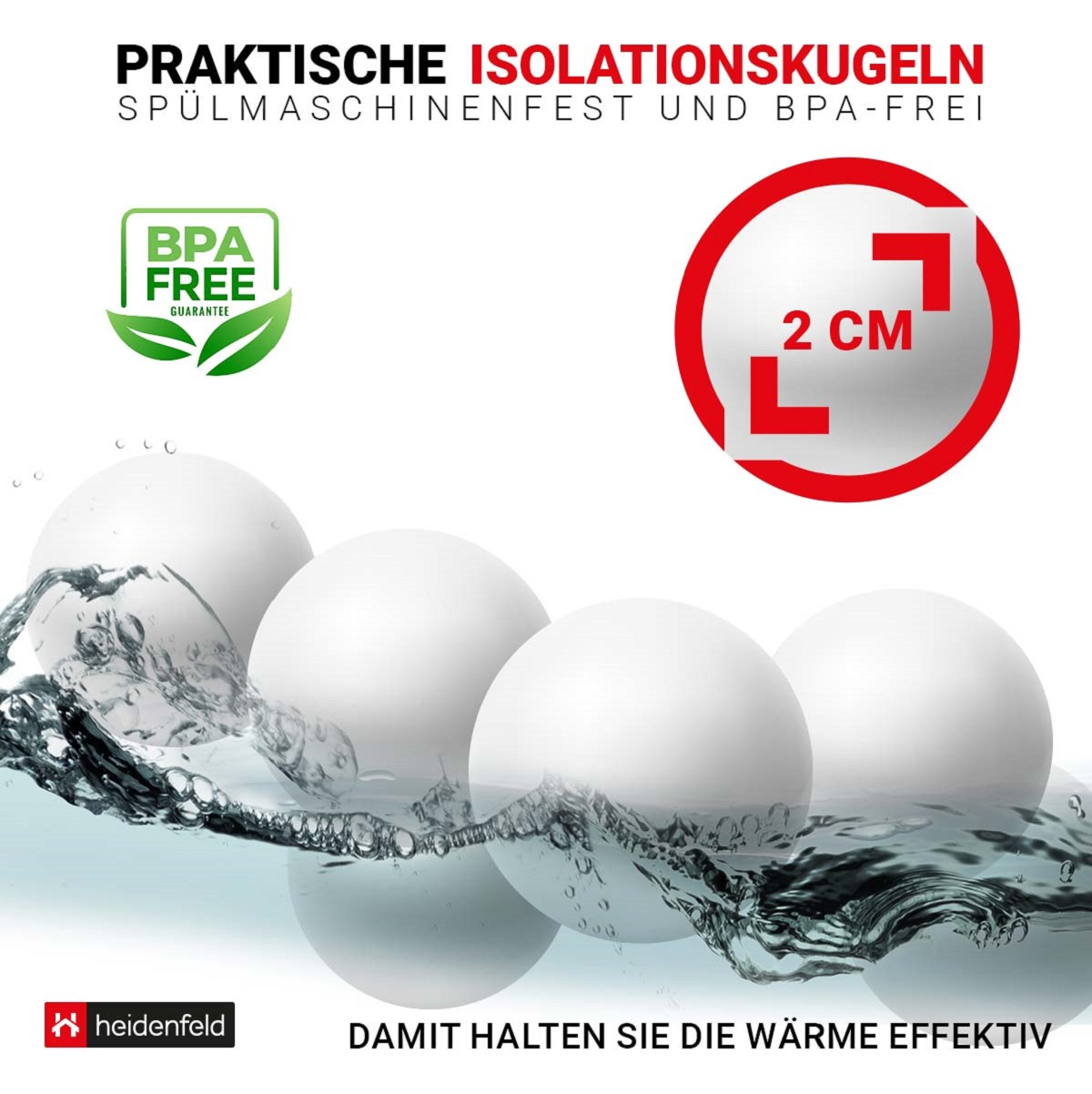 Vier weiße, kugelförmige Kugeln im Wasser, mit einem roten Kreis und Text, der 2 cm Abmessungen angibt.