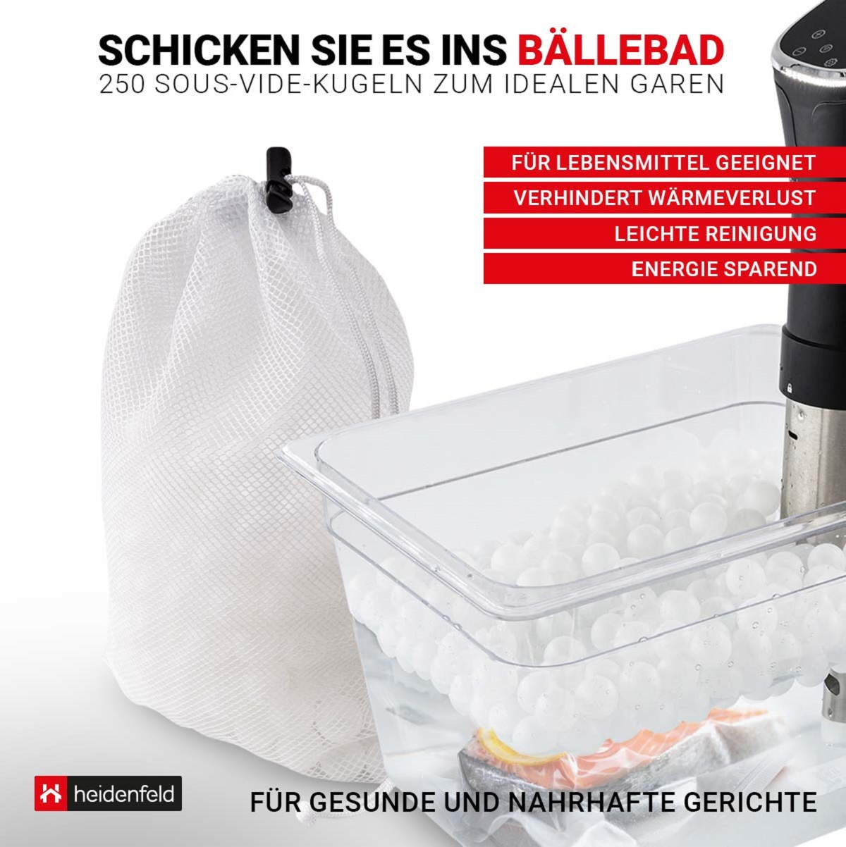 Sous-vide-Kochaufbau, Beutel mit Kugeln, Wasserbehälter und Text über Essen.