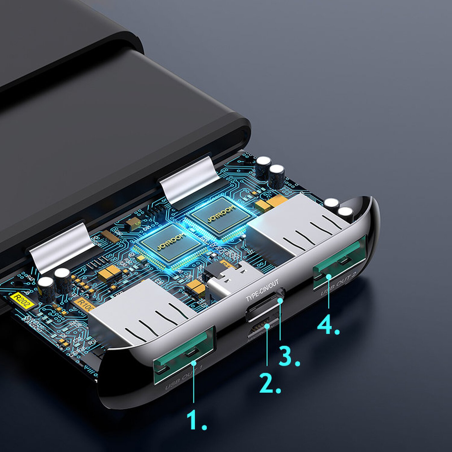 Schwarze Powerbank, die interne Komponenten zeigt. USB-, USB-C- und Typ-C-Anschlüsse sind sichtbar.
