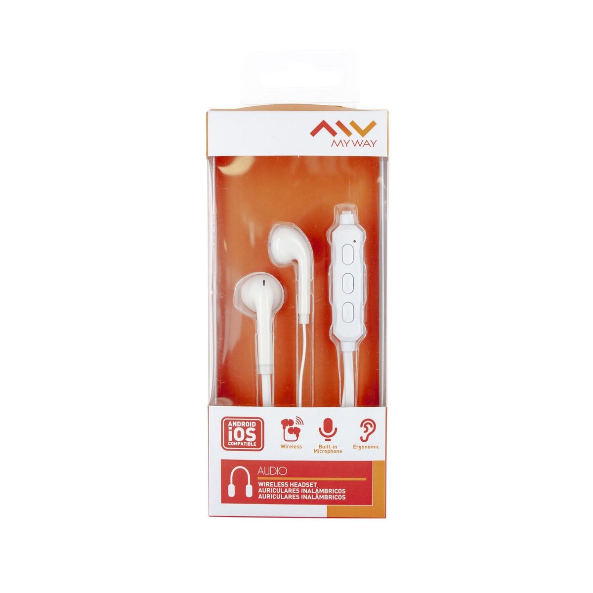 Auricolari bianchi in-ear in confezione trasparente con il marchio 'MY WAY'.