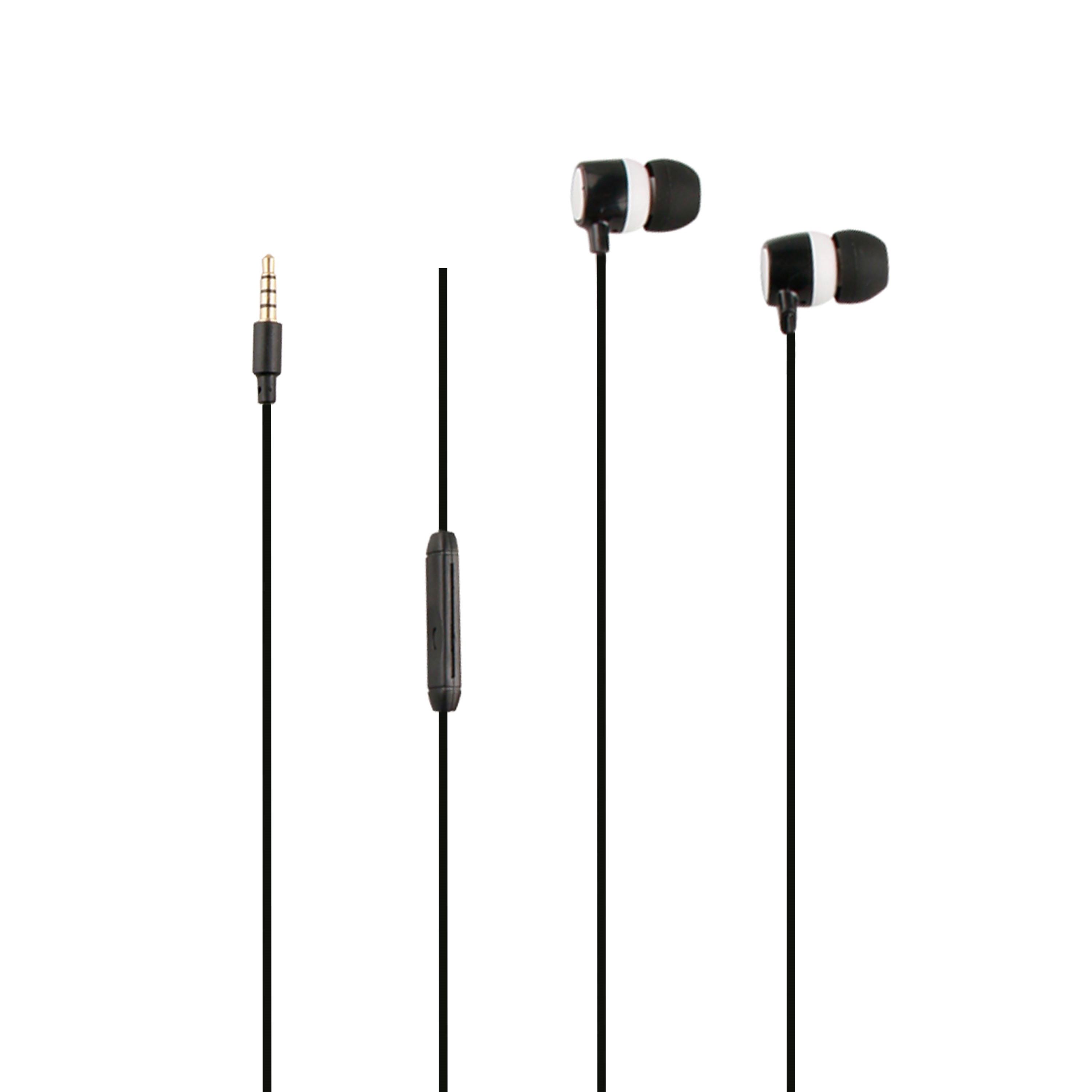 Auriculares con auriculares blancos y negros y un panel de control incorporado, conectados a un conector de 3,5 mm.