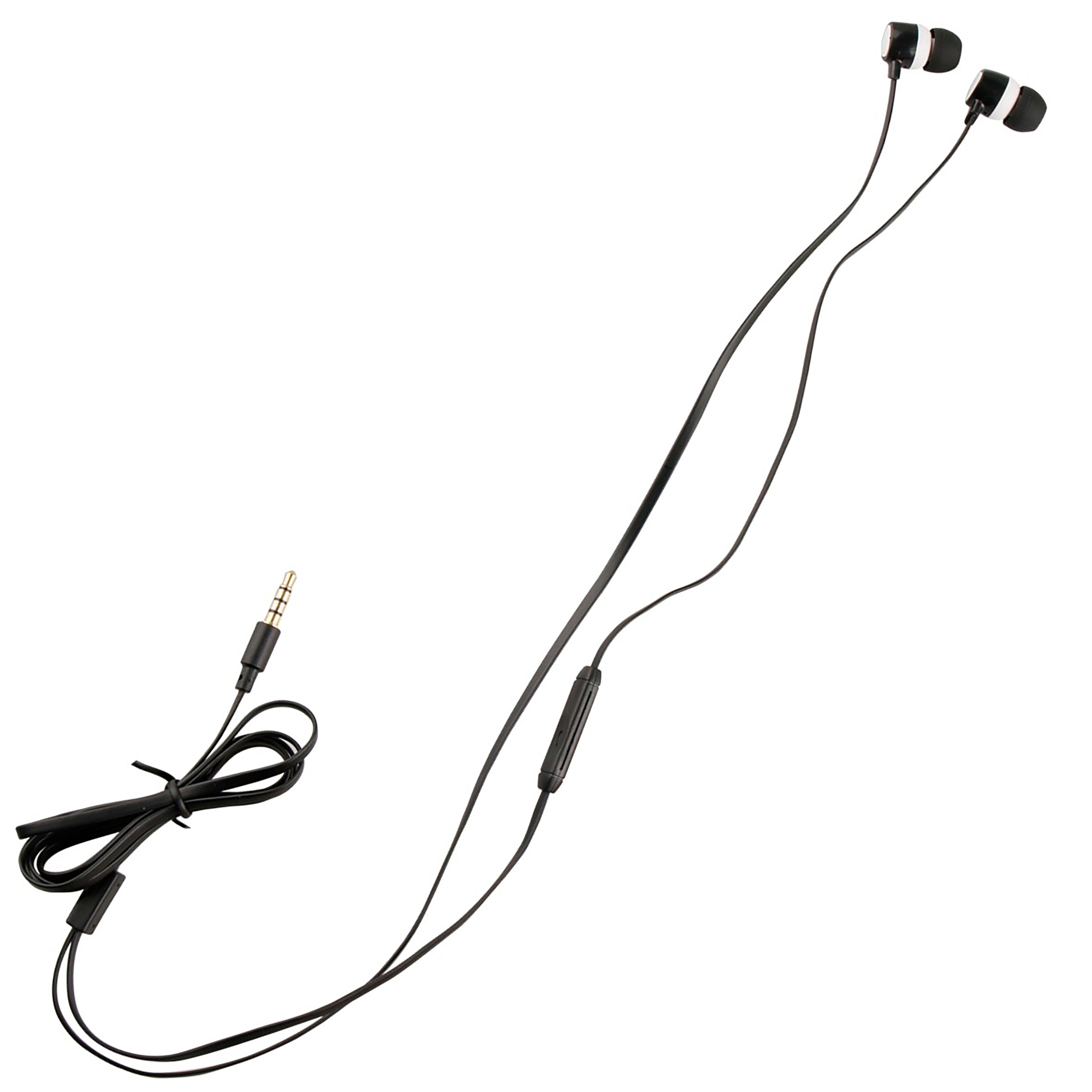 Auriculares con cable negros con conector de 3,5 mm, fondo blanco.