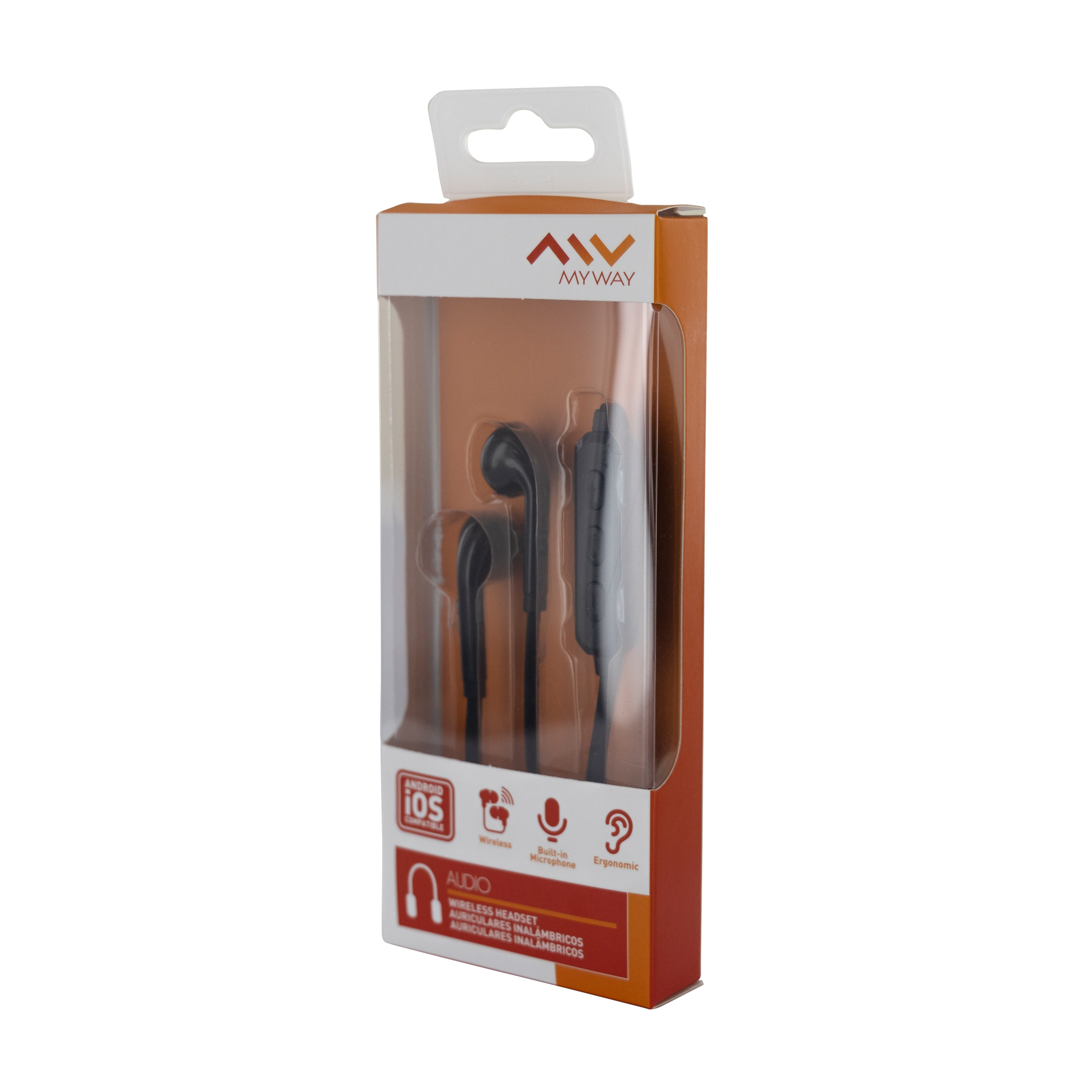 Scatola di auricolari wireless neri con fronte in plastica trasparente, che mostra gli auricolari.