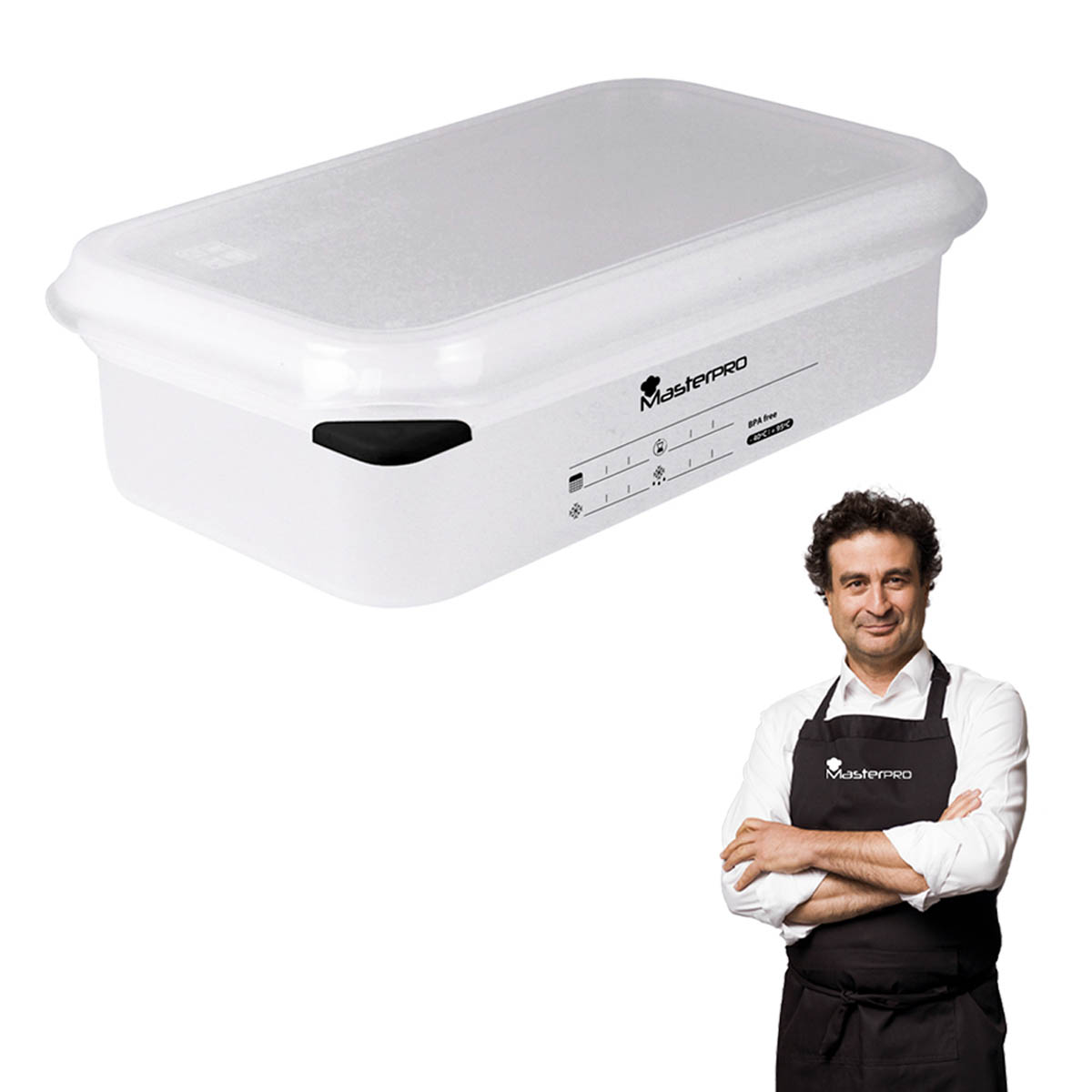 Contenedor de alimentos blanco con tapa y un chef con delantal, posando con los brazos cruzados.
