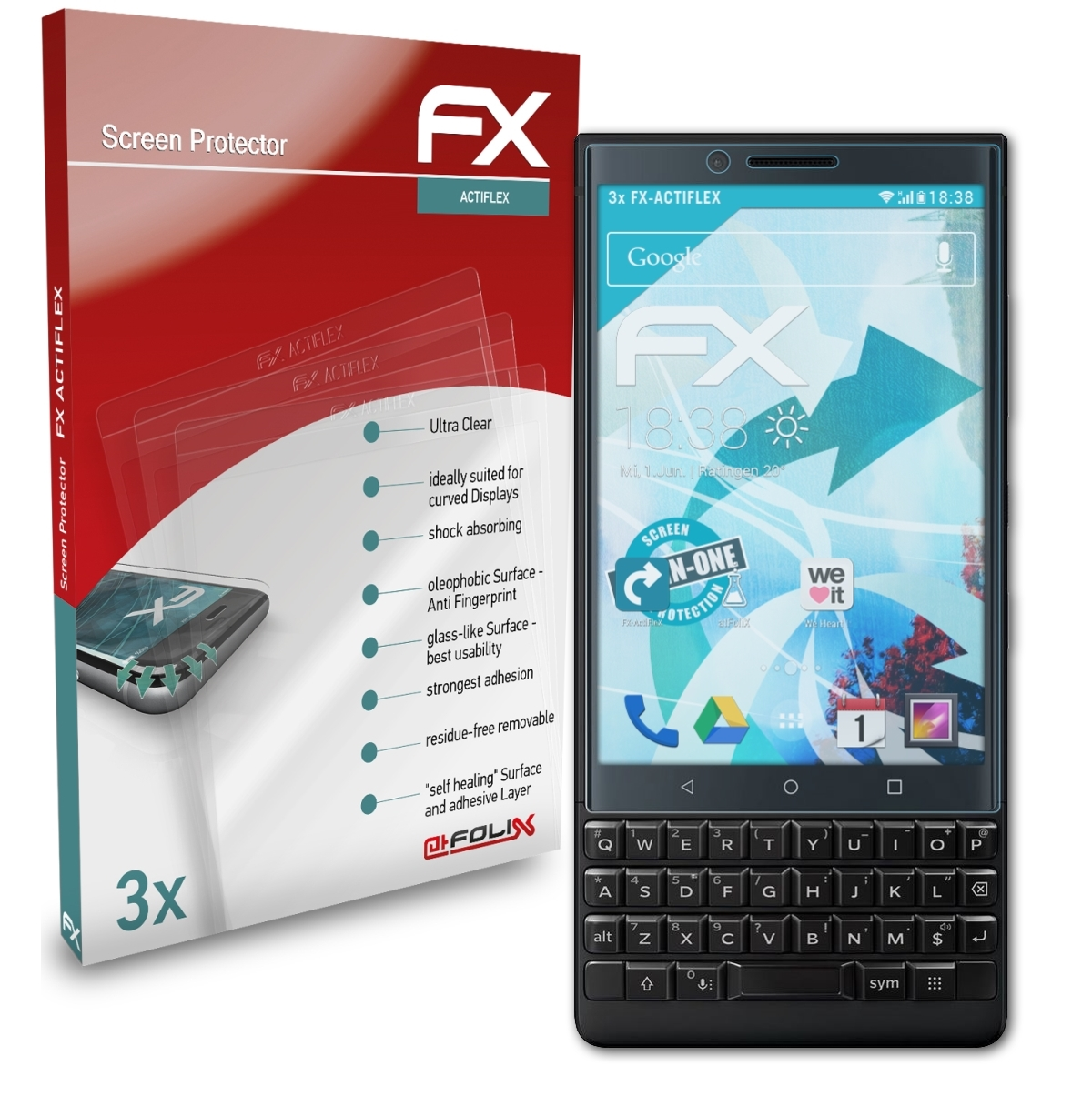 ATFOLIX 3x FX-ActiFleX Displayschutz(für Blackberry Key2)