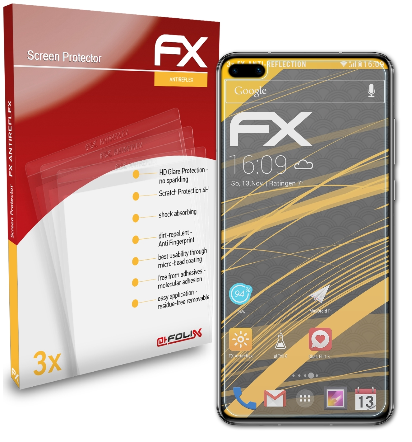 ATFOLIX 3x FX-Antireflex Huawei P40 Displayschutz(für (Fullcover))