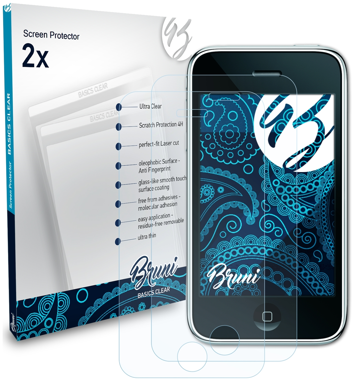 BRUNI 2x iPhone 3G) Basics-Clear Apple Schutzfolie(für
