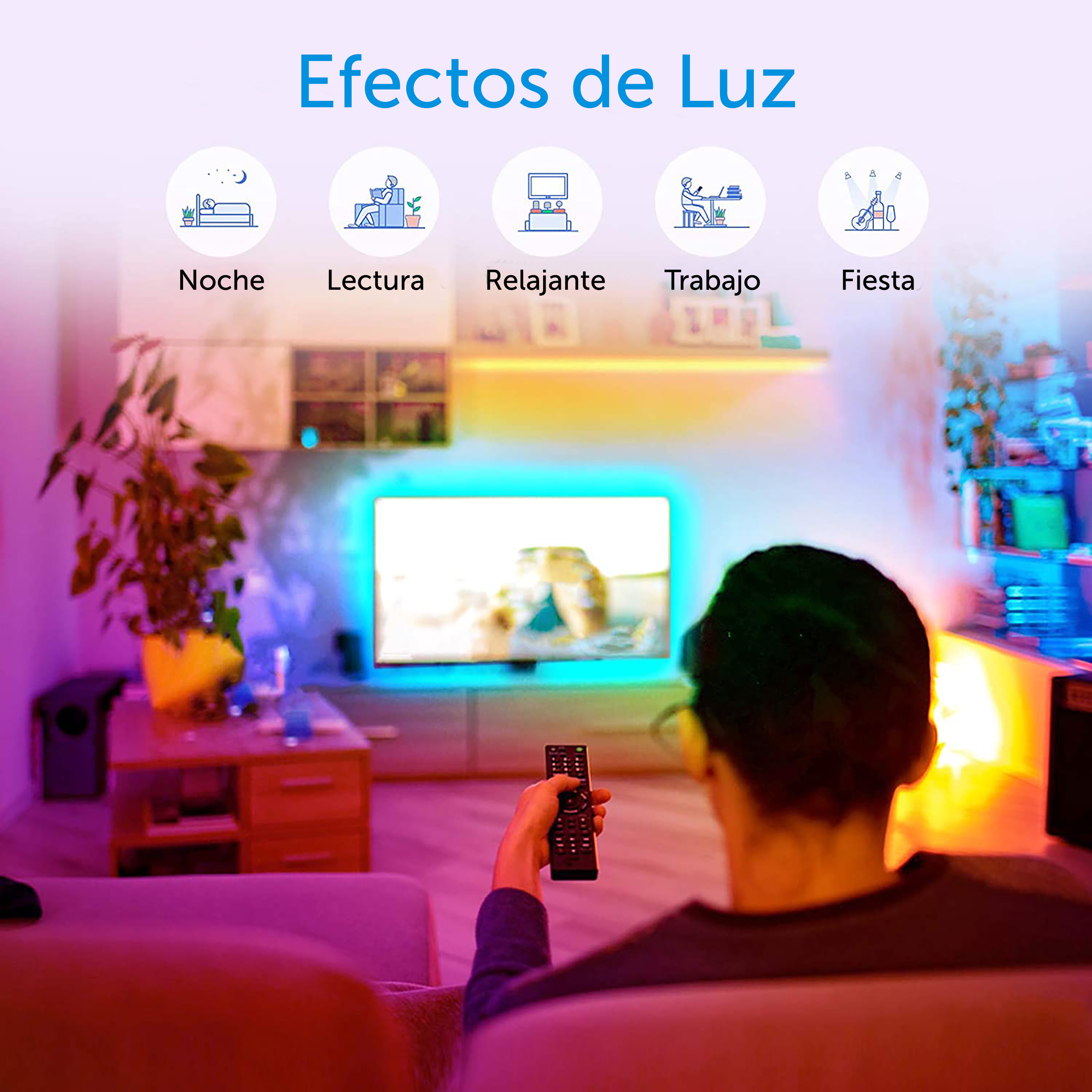 Una persona sostiene un mando a distancia frente a un televisor. El televisor tiene luces de colores. Texto arriba.