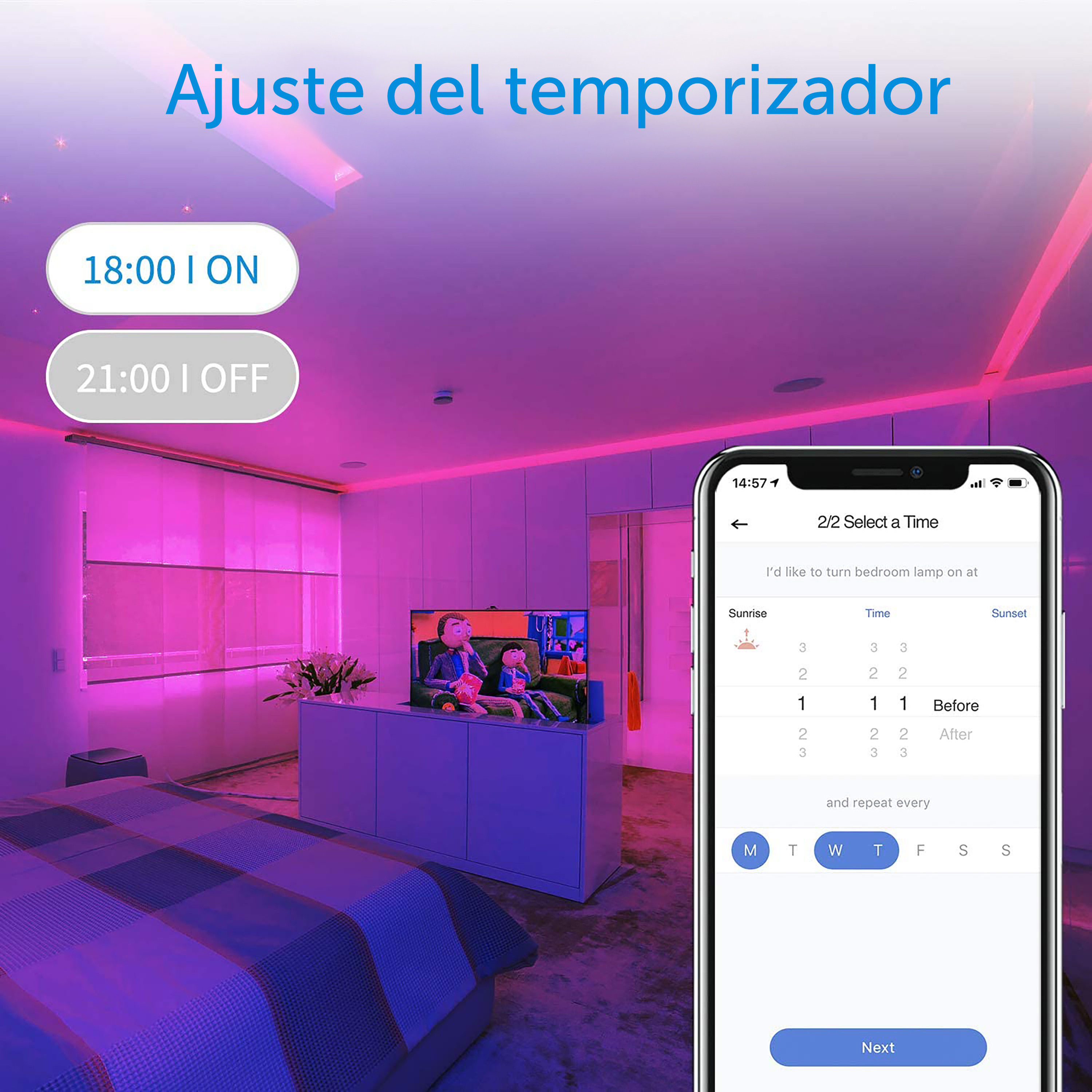 Un teléfono muestra una interfaz de hogar inteligente con ajustes de temporizador para luces en un dormitorio.