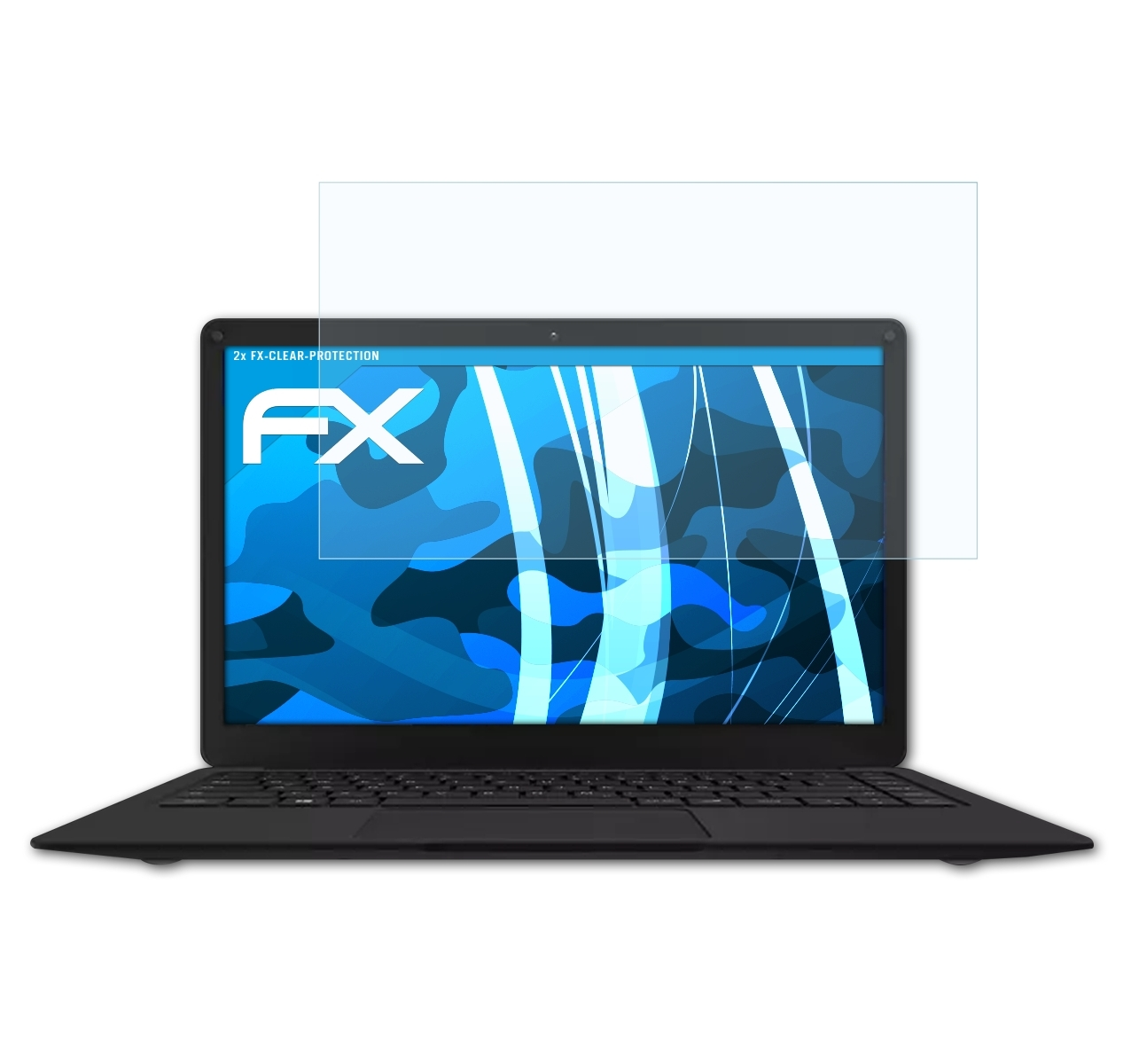 Ein Laptop mit Displayschutz, der ein blaues Tarnmuster und das FX-Logo anzeigt.
