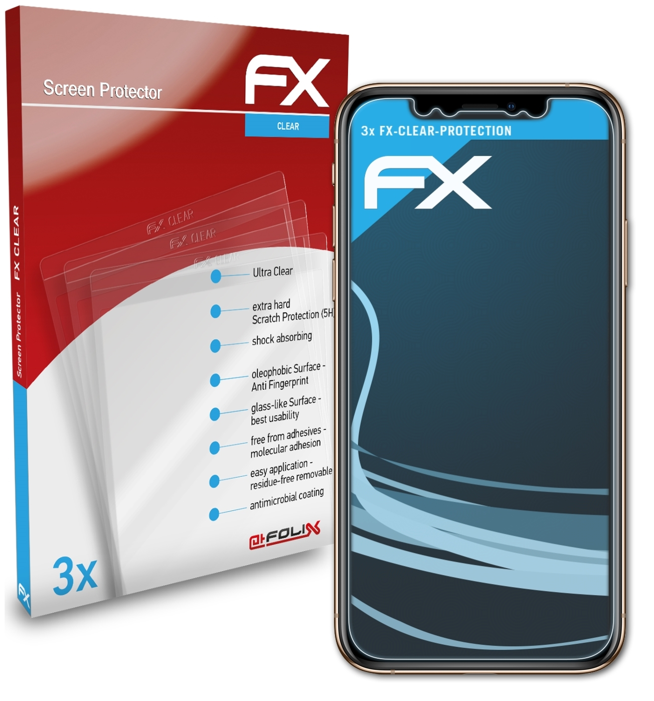 ATFOLIX 3x FX-Clear Displayschutz(für iPhone cover)) XS Apple (Front