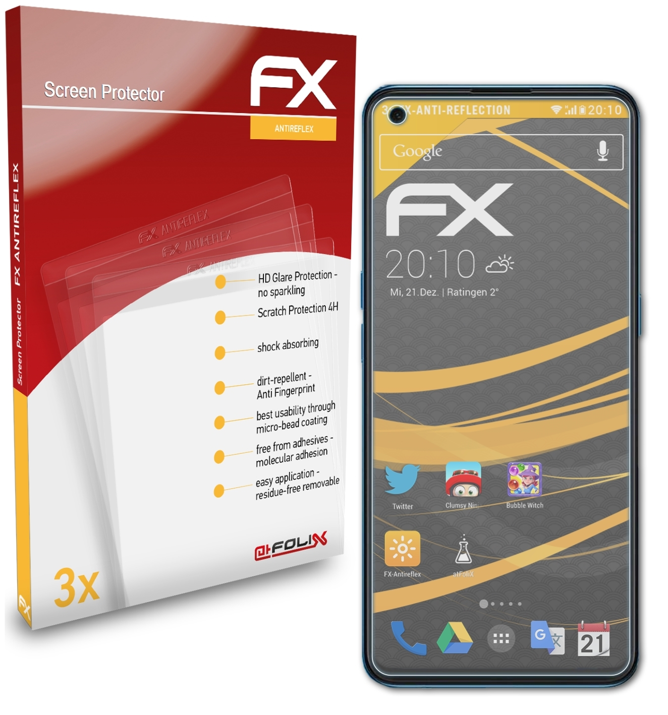 ATFOLIX 3x FX-Antireflex Displayschutz(für Oppo Find X3 Lite)
